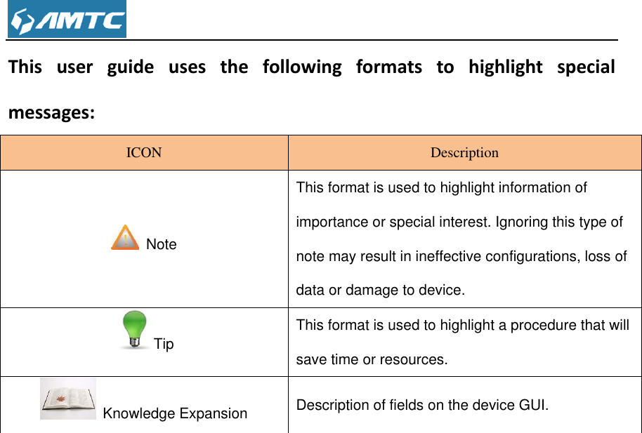  This  user  guide  uses  the  following  formats  to  highlight  special messages: ICON Description  Note This format is used to highlight information of importance or special interest. Ignoring this type of note may result in ineffective configurations, loss of data or damage to device. Tip This format is used to highlight a procedure that will save time or resources.   Knowledge Expansion Description of fields on the device GUI.     