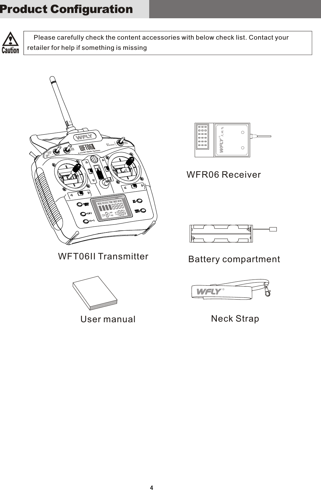 Product Configuration  Please carefully check the content accessories with below check list. Contact your retailer for help if something is missingWFT06II TransmitterWFR06 ReceiverBattery compartmentNeck StrapUser manual123456Caution4