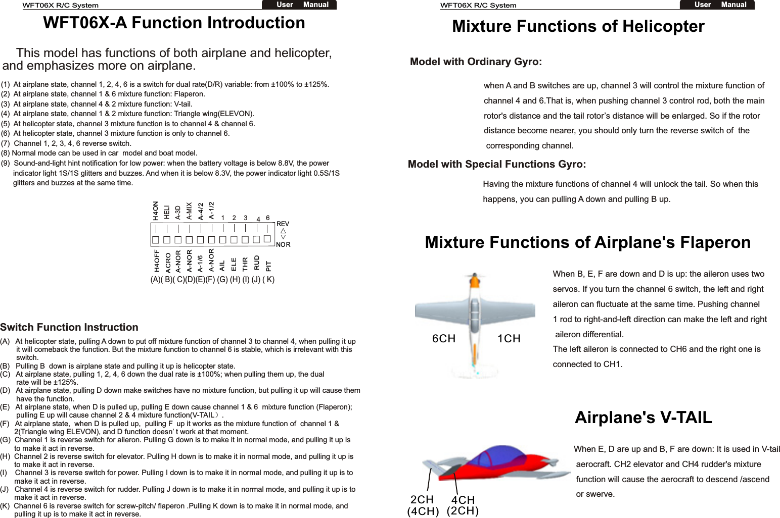 WFT06X-A Function Introduction    This model has functions of both airplane and helicopter,and emphasizes more on airplane. Switch Function Instruction(A)   At helicopter state, pulling A down to put off mixture function of channel 3 to channel 4, when pulling it up         it will comeback the function. But the mixture function to channel 6 is stable, which is irrelevant with this        switch.       (B)   Pulling B  down is airplane state and pulling it up is helicopter state. (C)   At airplane state, pulling 1, 2, 4, 6 down the dual rate is ±100%; when pulling them up, the dual         rate will be ±125%.(D)   At airplane state, pulling D down make switches have no mixture function, but pulling it up will cause them        have the function.(E)   At airplane state, when D is pulled up, pulling E down cause channel 1 &amp; 6  mixture function (Flaperon);        pulling E up will cause channel 2 &amp; 4 mixture function(V-TAIL）.(F)   At airplane state,  when D is pulled up,  pulling F up it works as the mixture function of  channel 1 &amp;       2(Triangle wing ELEVON), and D function doesn’ t work at that moment.       (G)  Channel 1 is reverse switch for aileron. Pulling G down is to make it in normal mode, and pulling it up is       to make it act in reverse.(H)  Channel 2 is reverse switch for elevator. Pulling H down is to make it in normal mode, and pulling it up is       to make it act in reverse.(I)    Channel 3 is reverse switch for power. Pulling I down is to make it in normal mode, and pulling it up is to       make it act in reverse.(J)   Channel 4 is reverse switch for rudder. Pulling J down is to make it in normal mode, and pulling it up is to       make it act in reverse.(K)  Channel 6 is reverse switch for screw-pitch/ flaperon .Pulling K down is to make it in normal mode, and       pulling it up is to make it act in reverse.H4ONA-4/2REV△▽RNOH4OFFA-1/6HELIA-3DA-MIX123(A)( B)( C)(D)(E)(F) (G) (H) (I) (J) ( K)A-1/246ACROA-NORA-NORA-NORAILELETHRRUDPIT(1)  At airplane state, channel 1, 2, 4, 6 is a switch for dual rate(D/R) variable: from ±100% to ±125%.(2)  At airplane state, channel 1 &amp; 6 mixture function: Flaperon.(3)  At airplane state, channel 4 &amp; 2 mixture function: V-tail.(4)  At airplane state, channel 1 &amp; 2 mixture function: Triangle wing(ELEVON).(5)  At helicopter state, channel 3 mixture function is to channel 4 &amp; channel 6.(6)  At helicopter state, channel 3 mixture function is only to channel 6.(7)  Channel 1, 2, 3, 4, 6 reverse switch.(8) Normal mode can be used in car  model and boat model.(9)  Sound-and-light hint notification for low power: when the battery voltage is below 8.8V, the power      indicator light 1S/1S glitters and buzzes. And when it is below 8.3V, the power indicator light 0.5S/1S       glitters and buzzes at the same time.Mixture Functions of HelicopterHaving the mixture functions of channel 4 will unlock the tail. So when this happens, you can pulling A down and pulling B up.when A and B switches are up, channel 3 will control the mixture function ofchannel 4 and 6.That is, when pushing channel 3 control rod, both the mainrotor&apos;s distance and the tail rotor’s distance will be enlarged. So if the rotor distance become nearer, you should only turn the reverse switch of  the corresponding channel. Model with Ordinary Gyro: Model with Special Functions Gyro:1CH6CH When B, E, F are down and D is up: the aileron uses twoservos. If you turn the channel 6 switch, the left and rightaileron can fluctuate at the same time. Pushing channel1 rod to right-and-left direction can make the left and right aileron differential.The left aileron is connected to CH6 and the right one is connected to CH1.Mixture Functions of Airplane&apos;s Flaperon 2CH4CH(4CH)(2CH)When E, D are up and B, F are down: It is used in V-tail aerocraft. CH2 elevator and CH4 rudder&apos;s mixture function will cause the aerocraft to descend /ascend or swerve.Airplane&apos;s V-TAILWFT06X R/C SystemUser     ManualWFT06X R/C SystemUser     Manual