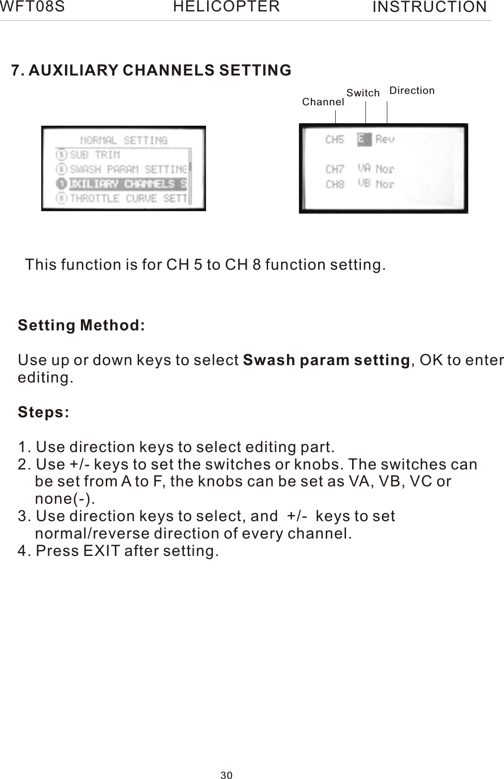 7. AUXILIARY CHANNELS SETTINGThis function is for CH 5 to CH 8 function setting.Setting Method:Use up or down keys to select Swash param setting, OK to enterediting.Steps:1. Use direction keys to select editing part.2. Use +/- keys to set the switches or knobs. The switches can     be set from A to F, the knobs can be set as VA, VB, VC or     none(-).3. Use direction keys to select, and  +/-  keys to set     normal/reverse direction of every channel. 4. Press EXIT after setting.Channel Switch DirectionWFT08S INSTRUCTION30HELICOPTER