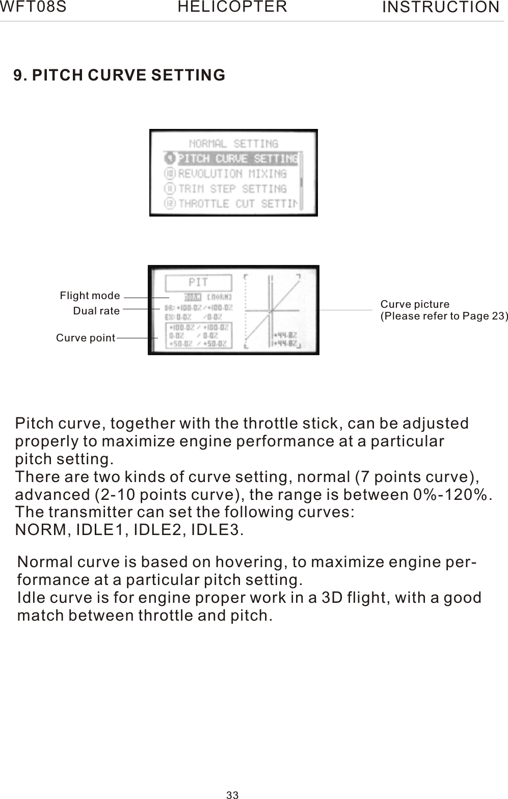 9. PITCH CURVE SETTINGPitch curve, together with the throttle stick, can be adjustedproperly to maximize engine performance at a particular pitch setting.There are two kinds of curve setting, normal (7 points curve), advanced (2-10 points curve), the range is between 0%-120%. The transmitter can set the following curves:NORM, IDLE1, IDLE2, IDLE3.Normal curve is based on hovering, to maximize engine per-formance at a particular pitch setting.Idle curve is for engine proper work in a 3D flight, with a good match between throttle and pitch. Flight modeDual rateCurve pointCurve picture(Please refer to Page 23)WFT08S INSTRUCTION33HELICOPTER