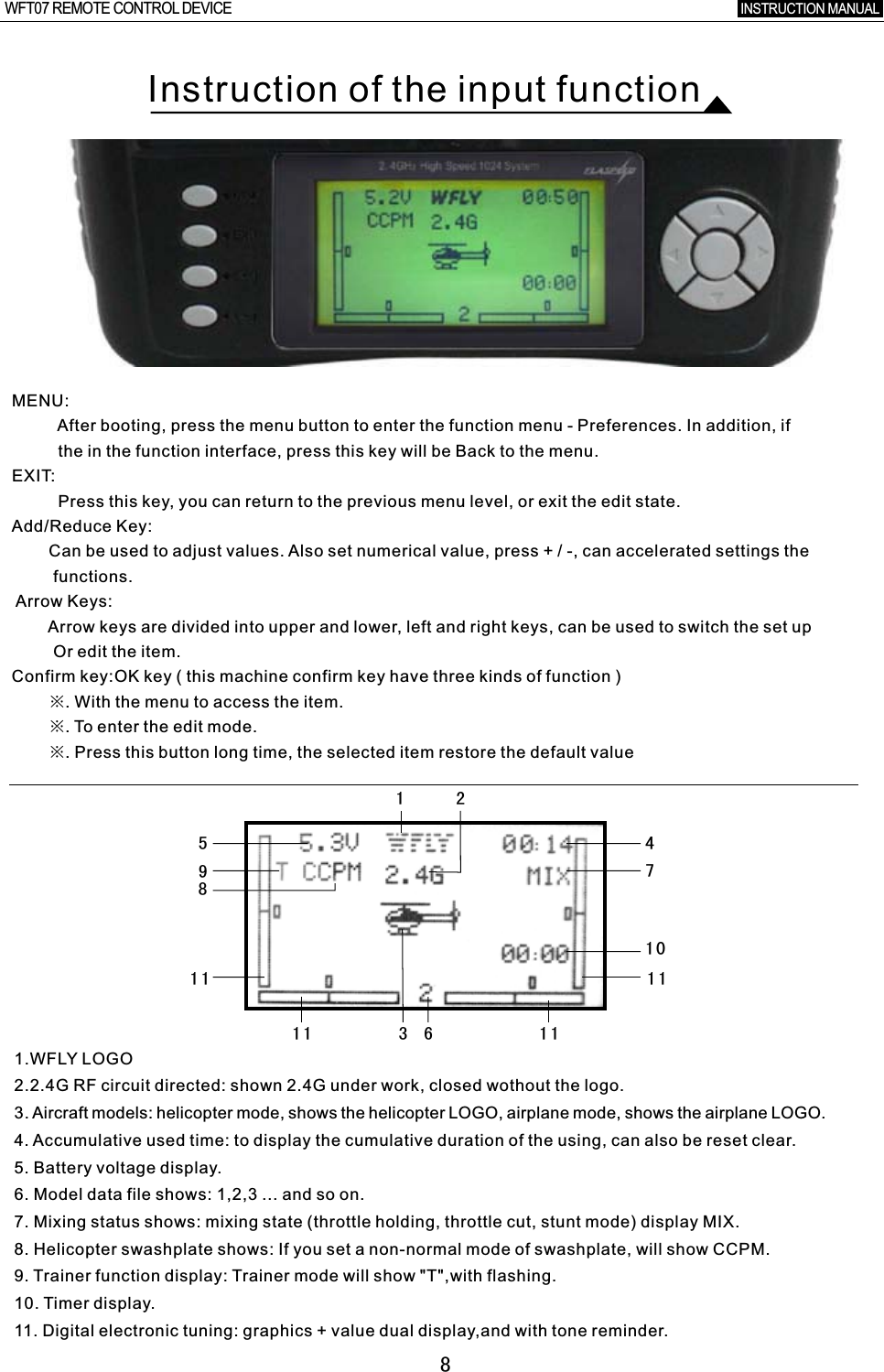 8158247106391111 1111Instruction of the input functionMENU:          After booting, press the menu button to enter the function menu  -  Preferences. In addition, if                 the in the function interface, press this key will be Back to the menu. EXIT:           Press this key, you can return to the previous menu level, or exit the edit state. Add/Reduce Key:        Can be used to adjust values. Also set numerical value, press  +  /  -, can accelerated settings the                functions.  Arrow Keys:        Arrow keys are divided into upper and lower, left and right keys, can be used to switch the set up              Or edit the item. Confirm key:OK key  (  this machine confirm key have three kinds of function  )        ※.  With the menu to access the item.         ※.  To enter the edit mode.        ※.  Press this button long time, the selected item restore the default value   1.WFLY LOGO2.2.4G RF circuit directed: shown 2.4G under work, closed wothout the logo. 3. Aircraft models: helicopter mode, shows the helicopter LOGO, airplane mode, shows the airplane LOGO. 4. Accumulative used time: to display the cumulative duration of the using, can also be reset clear. 5. Battery voltage display. 6. Model data file shows: 1,2,3 ... and so on. 7. Mixing status shows: mixing state (throttle holding, throttle cut, stunt mode) display MIX. 8. Helicopter swashplate shows: If you set a non-normal mode of swashplate, will show CCPM. 9. Trainer function display: Trainer mode will show &quot;T&quot;,with flashing. 10. Timer display. 11. Digital electronic tuning: graphics  +  value dual display,and with tone reminder. INSTRUCTION MANUAL WFT07 REMOTE CONTROL DEVICE