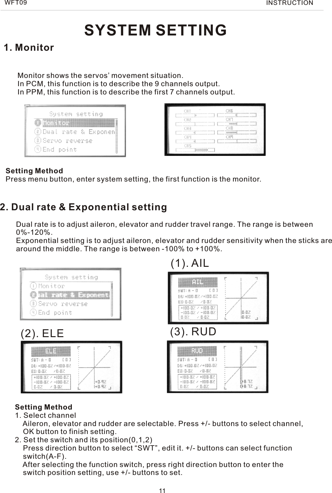 SYSTEM SETTING1. MonitorMonitor shows the servos’ movement situation.In PCM, this function is to describe the 9 channels output.In PPM, this function is to describe the first 7 channels output.11Setting MethodPress menu button, enter system setting, the first function is the monitor.WFT09 INSTRUCTION2. Dual rate &amp; Exponential setting(1). AIL(2). ELE (3). RUDDual rate is to adjust aileron, elevator and rudder travel range. The range is between0%-120%.Exponential setting is to adjust aileron, elevator and rudder sensitivity when the sticks arearound the middle. The range is between -100% to +100%.Setting Method1. Select channel    Aileron, elevator and rudder are selectable. Press +/- buttons to select channel,     OK button to finish setting.2. Set the switch and its position(0,1,2)    Press direction button to select “SWT”, edit it. +/- buttons can select function     switch(A-F).    After selecting the function switch, press right direction button to enter the    switch position setting, use +/- buttons to set.