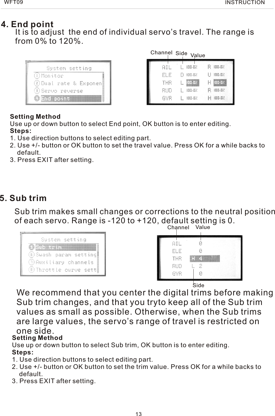 4. End pointIt is to adjust  the end of individual servo’s travel. The range isfrom 0% to 120%.5. Sub trimSub trim makes small changes or corrections to the neutral positionof each servo. Range is -120 to +120, default setting is 0.13Setting MethodUse up or down button to select End point, OK button is to enter editing.Steps:1. Use direction buttons to select editing part.2. Use +/- button or OK button to set the travel value. Press OK for a while backs to    default.3. Press EXIT after setting.Setting MethodUse up or down button to select Sub trim, OK button is to enter editing.Steps:1. Use direction buttons to select editing part.2. Use +/- button or OK button to set the trim value. Press OK for a while backs to    default.3. Press EXIT after setting.We recommend that you center the digital trims before making Sub trim changes, and that you tryto keep all of the Sub trim values as small as possible. Otherwise, when the Sub trims are large values, the servo’s range of travel is restricted on one side.WFT09 INSTRUCTIONChannel Side ValueChannel ValueSide