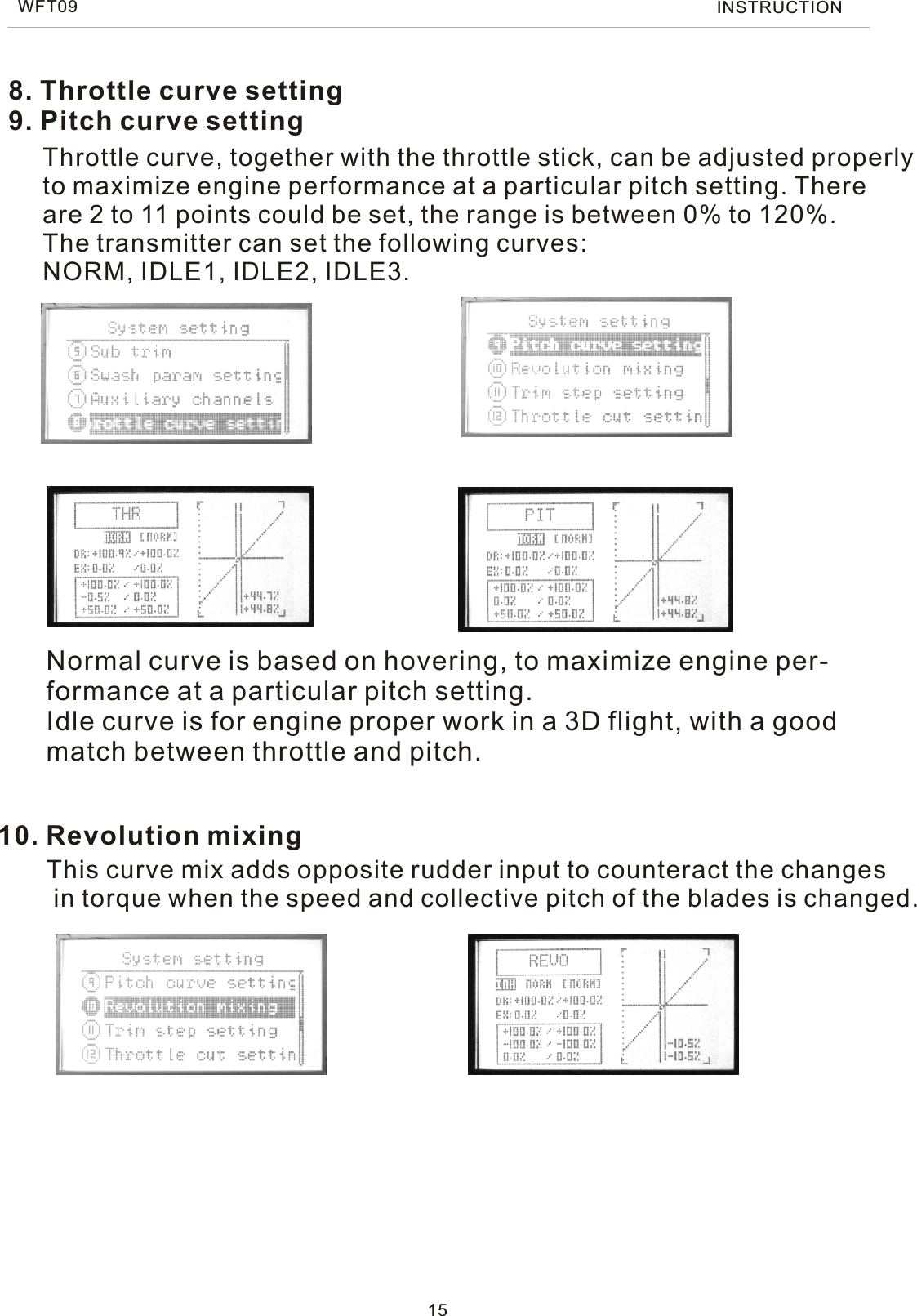 158. Throttle curve setting9. Pitch curve settingThrottle curve, together with the throttle stick, can be adjusted properlyto maximize engine performance at a particular pitch setting. Thereare 2 to 11 points could be set, the range is between 0% to 120%.The transmitter can set the following curves:NORM, IDLE1, IDLE2, IDLE3.10. Revolution mixingThis curve mix adds opposite rudder input to counteract the changes in torque when the speed and collective pitch of the blades is changed.Normal curve is based on hovering, to maximize engine per-formance at a particular pitch setting.Idle curve is for engine proper work in a 3D flight, with a good match between throttle and pitch. WFT09 INSTRUCTION