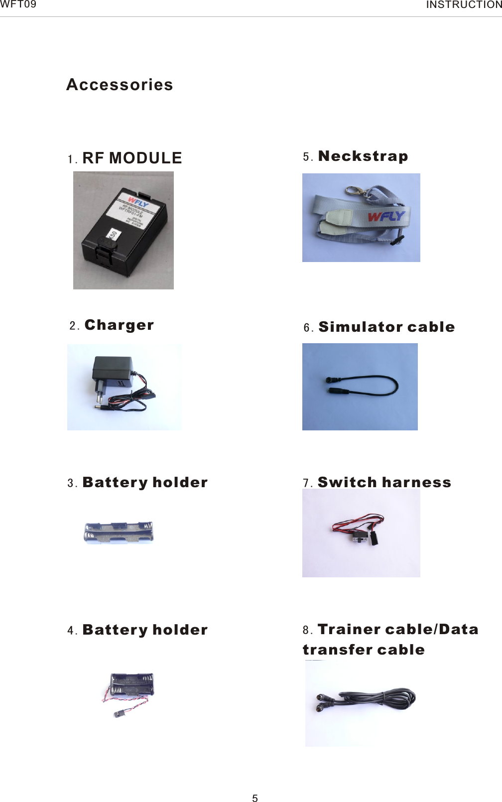 5WFT09 INSTRUCTION1.RF MODULE2.Charger3.Battery holder4.Battery holder5.Neckstrap6.Simulator cable 7.Switch har ness8.Trainer cable/Data transfer cableAccessories