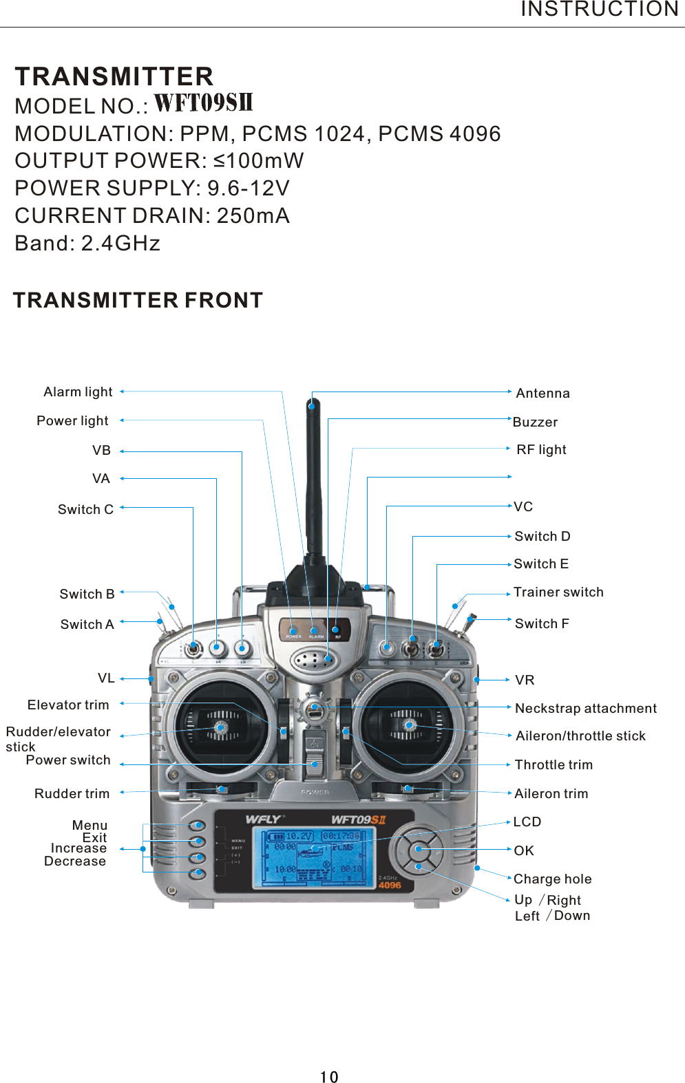 AntennaAlarm lightRF lightVCSwitch  FTrainer switchSwitch  DSwitch  EVRBuzzerNeckstrap attachmentLCDOK/Down/RightUpLeftAileron trimPower switch Throttle trimAileron/throttle stickDecreaseMenuExitIncreaseRudder trimElevator trimRudder/elevatorstickVLSwitch  BSwitch  ASwitch  CVAVB Power lightCharge holeTRANSMITTERMODEL NO.: MODULATION: PPM, PCMS 1024, PCMS 4096OUTPUT POWER: ≤100mWPOWER SUPPLY: 9.6-12VCURRENT DRAIN: 250mABand: 2.4GHzTRANSMITTER FRONTINSTRUCTION10