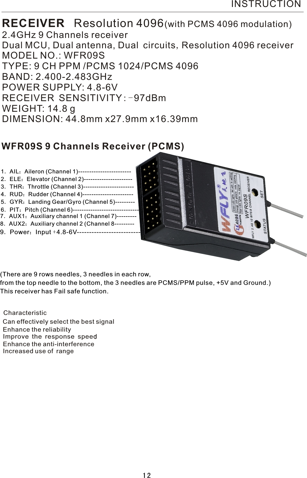 WFR09S 9 Channels Receiver (PCMS)1．AIL：Aileron (Channel 1)------------------------2．ELE：Elevator (Channel 2)----------------------3．THR：Throttle (Channel 3)-----------------------4．RUD：Rudder (Channel 4)-----------------------5．GYR：Landing Gear/Gyro (Channel 5)---------6．PIT：Pitch (Channel 6)------------------------------  -7．AUX1：Auxiliary channel 1 (Channel 7)---------8．AUX2：Auxiliary channel 2 (Channel 8---------9．Power：Input +4.8-6V-----------------------------(There are 9 rows needles, 3 needles in each row,from the top needle to the bottom, the 3 needles are PCMS/PPM pulse, +5V and Ground.)This receiver has Fail safe function.INSTRUCTIONRECEIVER   Resolution 4096(with PCMS 4096 modulation)2.4GHz 9 Channels receiverDual MCU, Dual antenna, Dual circuits,Resolution 4096 receiverMODEL NO.: WFR09STYPE: 9 CH PPM /PCMS 1024/PCMS 4096BAND: 2.400-2.483GHz POWER SUPPLY: 4.8-6VRECEIVER SENSITIVITY:-97dBmWEIGHT: 14.8  gDIMENSION: 44.8mm x27.9mm x16.39mm  Characteristic  Can effectively select the best signal   Enhance the reliability   Improve the response speed;  Enhance the anti-interference   Increased use of range 12