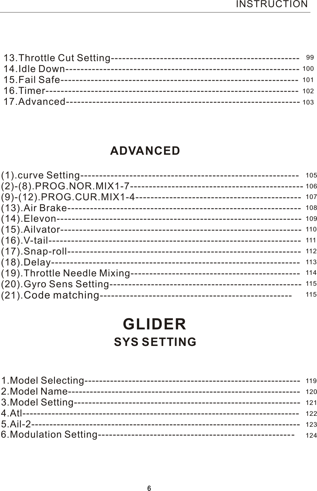 INSTRUCTION13.Throttle Cut Setting--------------------------------------------------   14.Idle Down--------------------------------------------------------------   15.Fail Safe---------------------------------------------------------------   16.Timer-------------------------------------------------------------------    17.Advanced-------------------------------------------------------------- (1).curve Setting---------------------------------------------------------- (2)-(8).PROG.NOR.MIX1-7----------------------------------------------   (9)-(12).PROG.CUR.MIX1-4--------------------------------------------   (13).Air Brake--------------------------------------------------------------     (14).Elevon-----------------------------------------------------------------    (15).Ailvator----------------------------------------------------------------   (16).V-tail-------------------------------------------------------------------   (17).Snap-roll-------------------------------------------------------------- (18).Delay------------------------------------------------------------------ (19).Throttle Needle Mixing--------------------------------------------- (20).Gyro Sens Setting---------------------------------------------------(21).Code matching--------------------------------------------------- ADVANCEDGLIDERSYS SETTING1.Model Selecting----------------------------------------------------------- 2.Model Name----------------------------------------------------------------   3.Model Setting--------------------------------------------------------------   4.Atl----------------------------------------------------------------------------   5.Ail-2--------------------------------------------------------------------------9910010110210310510610710810911011111211311411511511912012112212312466.Modulation Setting---------------------------------------------------- -