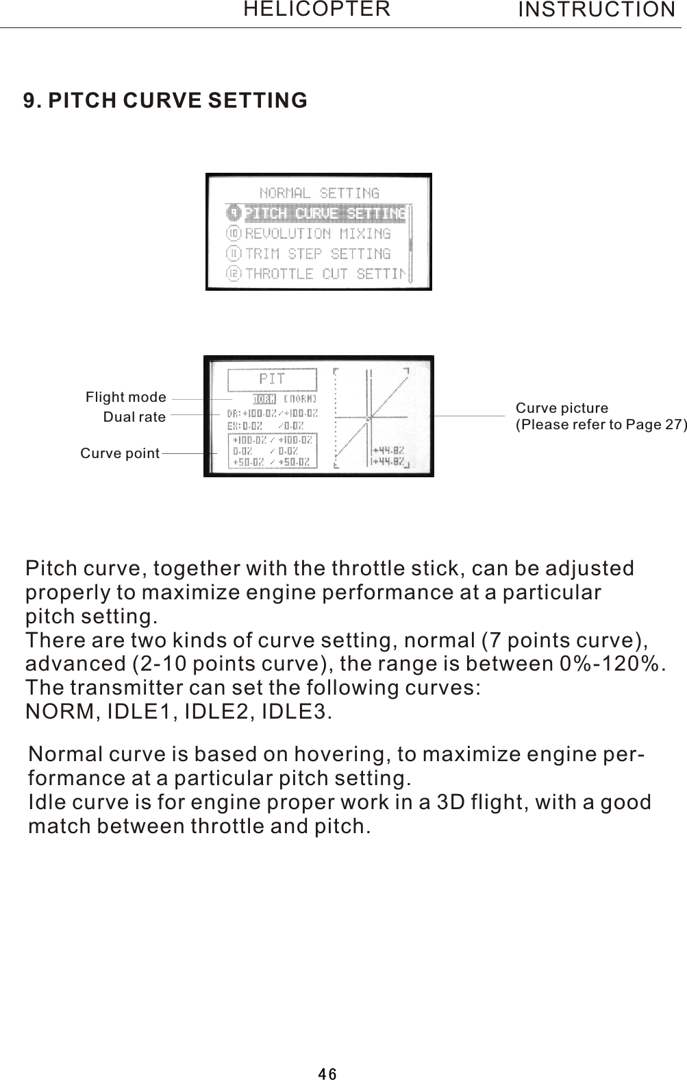 9. PITCH CURVE SETTINGPitch curve, together with the throttle stick, can be adjustedproperly to maximize engine performance at a particular pitch setting.There are two kinds of curve setting, normal (7 points curve), advanced (2-10 points curve), the range is between 0%-120%. The transmitter can set the following curves:NORM, IDLE1, IDLE2, IDLE3.Normal curve is based on hovering, to maximize engine per-formance at a particular pitch setting.Idle curve is for engine proper work in a 3D flight, with a good match between throttle and pitch. Flight modeDual rateCurve pointCurve picture(Please refer to Page 27)INSTRUCTIONHELICOPTER46