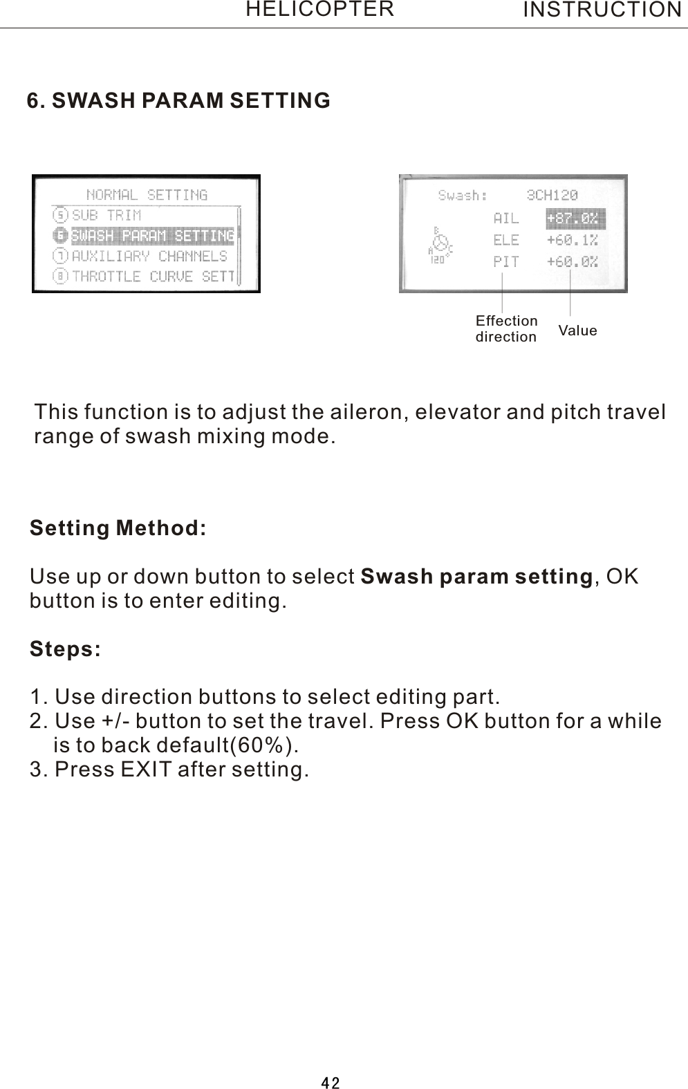 6. SWASH PARAM SETTINGThis function is to adjust the aileron, elevator and pitch travel range of swash mixing mode.Setting Method:Use up or down button to select Swash param setting,  OK button is to enter editing.Steps:1. Use direction buttons to select editing part.2. Use +/- button to set the travel. Press OK button for a while     is to back default(60%). 3. Press EXIT after setting.Effectiondirection ValueINSTRUCTIONHELICOPTER42