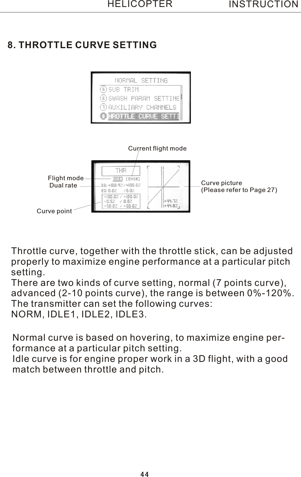 8. THROTTLE CURVE SETTINGThrottle curve, together with the throttle stick, can be adjustedproperly to maximize engine performance at a particular pitchsetting.There are two kinds of curve setting, normal (7 points curve), advanced (2-10 points curve), the range is between 0%-120%. The transmitter can set the following curves:NORM, IDLE1, IDLE2, IDLE3.Normal curve is based on hovering, to maximize engine per-formance at a particular pitch setting.Idle curve is for engine proper work in a 3D flight, with a good match between throttle and pitch. Flight modeDual rateCurve pointCurve picture(Please refer to Page 27)Current flight modeINSTRUCTIONHELICOPTER44