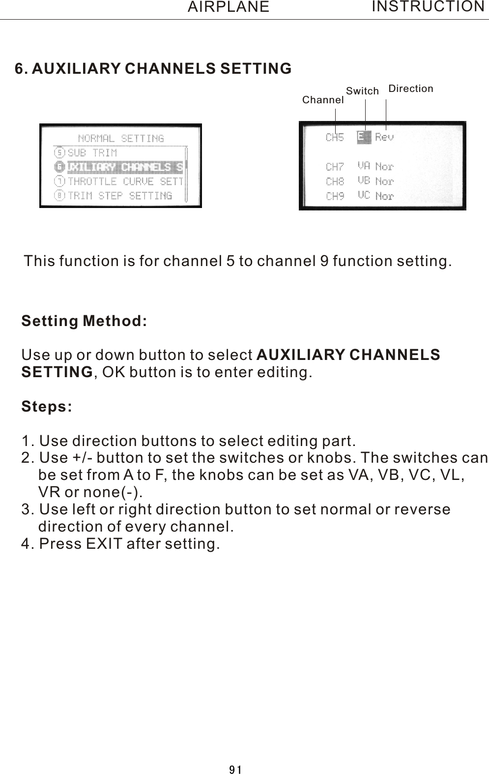 INSTRUCTION6. AUXILIARY CHANNELS SETTINGThis function is for channel 5 to channel 9 function setting.Setting Method:Use up or down button to select AUXILIARY CHANNELS SETTING,  OK button is to enter editing.Steps:1. Use direction buttons to select editing part.2. Use +/- button to set the switches or knobs. The switches can     be set from  A  to F, the knobs can be set as VA, VB, VC, VL,     VR or none(-).3. Use left or right direction button to set normal or reverse     direction of every channel. 4. Press EXIT after setting.Channel Switch DirectionAIRPLANE91