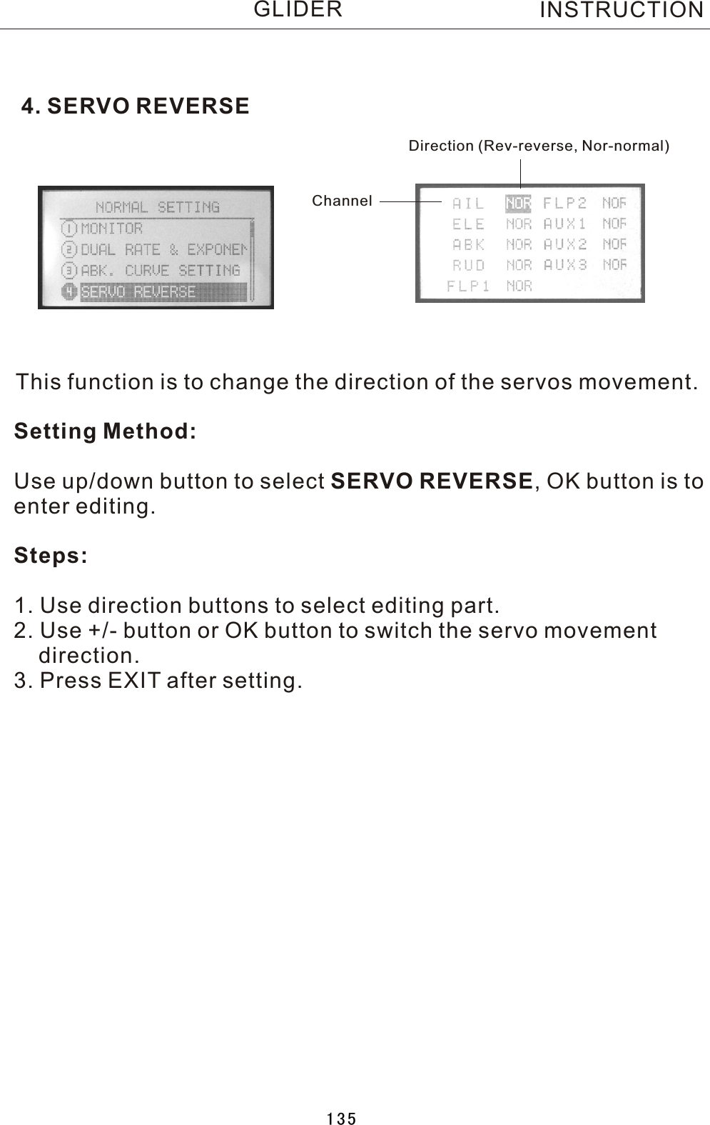 4. SERVO REVERSEThis function is to change the direction of the servos movement.Setting Method:Use up/down button to select SERVO REVERSE,  OK button is to enter editing.Steps:1. Use direction buttons to select editing part.2. Use +/- button or OK button to switch the servo movement     direction.3. Press EXIT after setting.Direction (Rev-reverse, Nor-normal)ChannelINSTRUCTIONGLIDER135