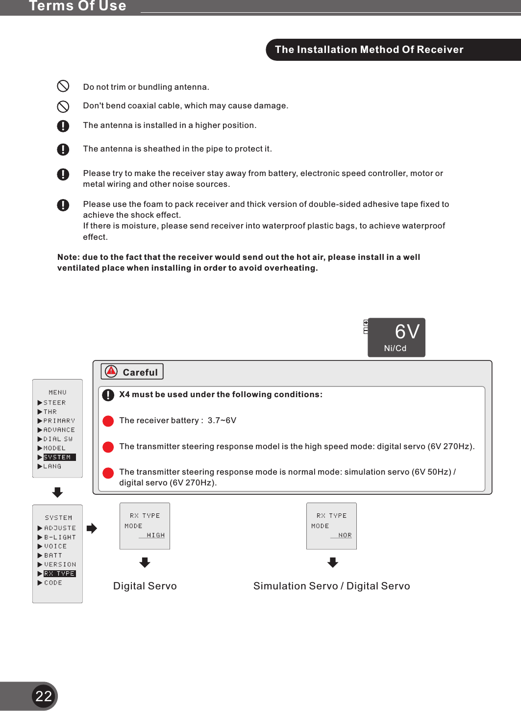 22The Installation Method Of ReceiverDo not trim or bundling antenna.Note: due to the fact that the receiver would send out the hot air, please install in a well ventilated place when installing in order to avoid overheating.Please use the foam to pack receiver and thick version of double-sided adhesive tape fixed to achieve the shock effect.If there is moisture, please send receiver into waterproof plastic bags, to achieve waterproof effect.Please try to make the receiver stay away from battery, electronic speed controller, motor or metal wiring and other noise sources.The antenna is sheathed in the pipe to protect it.The antenna is installed in a higher position.Don&apos;t bend coaxial cable, which may cause damage.X4 must be used under the following conditions:The receiver battery :  3.7~6V  6VNi/CdDigital Servo  Simulation Servo / Digital ServoThe transmitter steering response mode is normal mode: simulation servo (6V 50Hz) / digital servo (6V 270Hz).The transmitter steering response model is the high speed mode: digital servo (6V 270Hz).Terms Of UseCareful