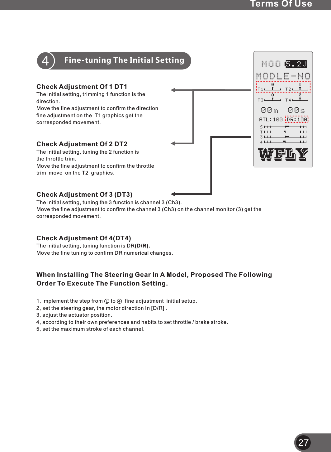 27Check Adjustment Of 1 DT1The initial  , trimming 1 function is the direction.Move the fine adjustment to confirm the direction  fine adjustment on the  T1 graphics get the corresponded movement.Check Adjustment Of 2 DT2The initial setting, tuning the 2 function is  the throttle trim.Move the fine adjustment to confirm the throttle trim  move  on the T2  graphics.Check Adjustment Of 3 (DT3)The initial setting, tuning the 3 function is channel 3 (Ch3).Move the fine adjustment to confirm the channel 3 (Ch3) on the channel monitor (3) get the corresponded movement.Check Adjustment Of 4(DT4)The initial setting, tuning function is DR(D/Move the fine tuning to confirm DR numerical changes.When Installing The Steering Gear In A Model, Proposed The Following  Order To Execute The Function Setting.1, implement the step from ① to ④  fine adjustment  initial setup.2, set the steering gear, the motor direction In [D/R] .3, adjust the actuator position.4, according to their own preferences and habits to set throttle / brake stroke.5, set the maximum stroke of each channel.settingR).Terms Of UseFine-tuning The Initial Setting4