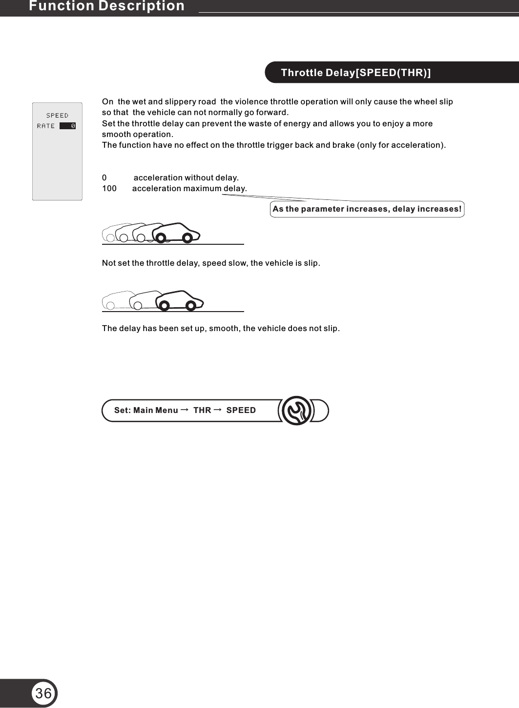 Throttle Delay[SPEED(THR)]Set: Main Menu THR SPEED →    →  On  the wet and slippery road  the violence throttle operation will only cause the wheel slip so that  the vehicle can not normally go forward.Set the throttle delay can prevent the waste of energy and allows you to enjoy a more smooth operation.The function have no effect on the throttle trigger back and brake (only for acceleration).The delay has been set up, smooth, the vehicle does not slip.Not set the throttle delay, speed slow, the vehicle is slip.360            acceleration without delay.100       acceleration maximum delay. As the parameter increases, delay increases!Function Description