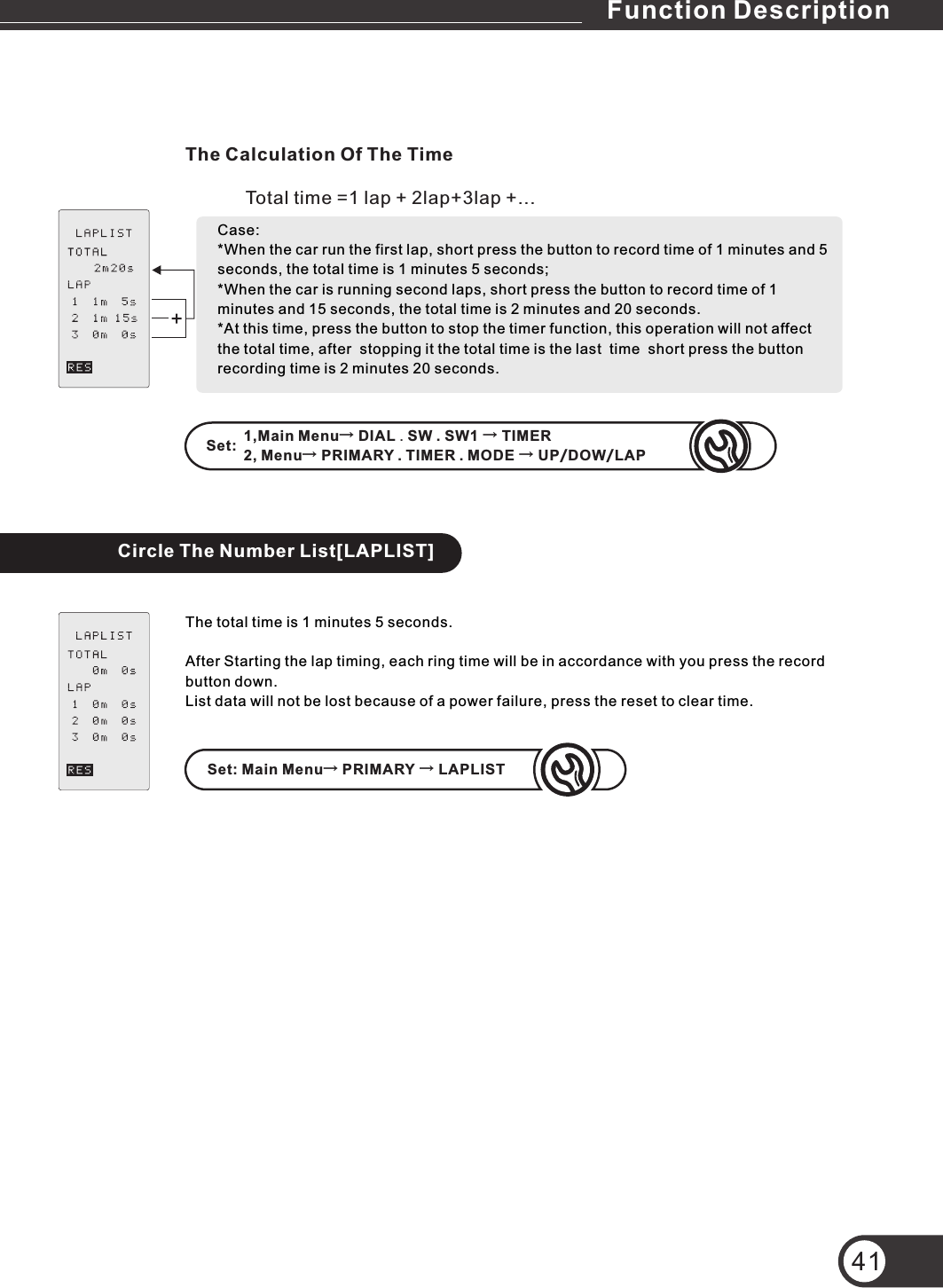 41Circle The Number List[LAPLIST]The total time is 1 minutes 5 seconds.After Starting the lap timing, each ring time will be in accordance with you press the record button down.List data will not be lost because of a power failure, press the reset to clear time.Set:Total time =1 lap + 2 +3  +...lap lapCase: *When the car run the first lap, short press the button to record time of 1 minutes and 5 seconds, the total time is 1 minutes 5 seconds; *When the car is running second laps, short press the button to record time of 1 minutes and 15 seconds, the total time is 2 minutes and 20 seconds. *At this time, press the button to stop the timer function, this operation will not affect the total time, after  stopping it the total time is the last  time  short press the button recording time is 2 minutes 20 seconds. The Calculation Of The Time1,Main Menu→ DIAL . SW . SW1 → TIMER2, Menu→ PRIMARY . TIMER . MODE → UP/DOW/LAPSet: Main Menu→ PRIMARY → LAPLISTFunction Description