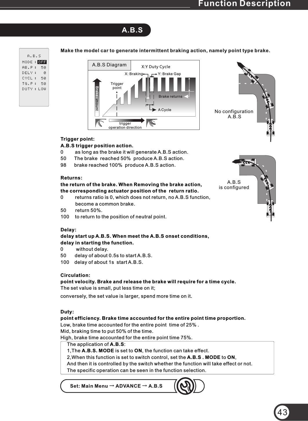 43A.B.S Make the model car to generate intermittent braking action, namely point type brake.Trigger point: A.B.S trigger position action.0        as long as the brake it will generate A.B.S action. 50      The brake  reached 50%  produce A.B.S action.98      brake reached 100%  produce A.B.S action.Returns: the return of the brake. When Removing the brake action, the corresponding actuator position of the  return ratio.0        returns ratio is 0, which does not return, no A.B.S function,            become a common brake.50      return 50%.100    to return to the position of neutral point.Delay: delay start up A.B.S. When meet the A.B.S onset conditions, delay in starting the function.0        without delay.50      delay of about 0.5s to start A.B.S.100    delay of about 1s  start A.B.S.Circulation: point velocity. Brake and release the brake will require for a time cycle.The set value is small, put less time on it; conversely, the set value is larger, spend more time on it.Duty:point efficiency. Brake time accounted for the entire point time proportion.Low, brake time accounted for the entire point  time of 25% .Mid, braking time to put 50% of the time.High, brake time accounted for the entire point time 75%.No configuration A.B.SA.B.S is configuredtrigger operation directionA CycleBrake returnsBrake amountBrake amountTrigger pointX: Braking Y: Brake GapX:Y Duty CycleA.B.S DiagramSet: Main Menu → ADVANCE → A.B.SThe application of A.B.S:1,The A.B.S. MODE is set to ON, the function can take effect.2,When this function is set to switch control, set the A.B.S . MODE to ON,And then it is controlled by the switch whether the function will take effect or not. The specific operation can be seen in the function selection.Function Description