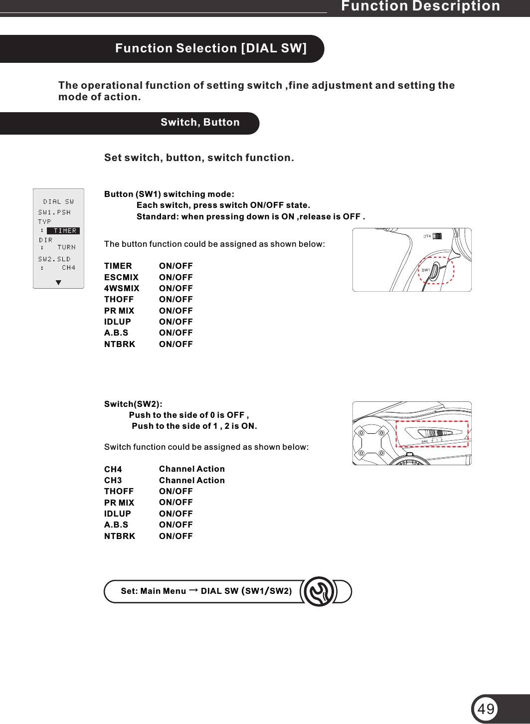 49Function Selection [DIAL SW]The operational function of setting switch ,fine adjustment and setting themode of action.Switch, ButtonSet switch, button, switch function.Button (SW1) switching mode:              Each switch, press switch ON/OFF state.              Standard: when pressing down is ON ,release is OFF .The button function could be assigned as shown below:TIMERESCMIX4WSMIXTHOFFPR MIXIDLUPA.B.SNTBRKSwitch(SW2):          Push to the side of 0 is OFF ,             Push to the side of 1 , 2 is ON.Switch function could be assigned as shown below:CH4CH3THOFFPR MIXIDLUPA.B.S NTBRKSet: Main Menu → DIAL SW (SW1/SW2)ON/OFFON/OFFON/OFFON/OFFON/OFFON/OFFON/OFFON/OFFChannel ActionChannel ActionON/OFFON/OFFON/OFFON/OFFON/OFFFunction Description