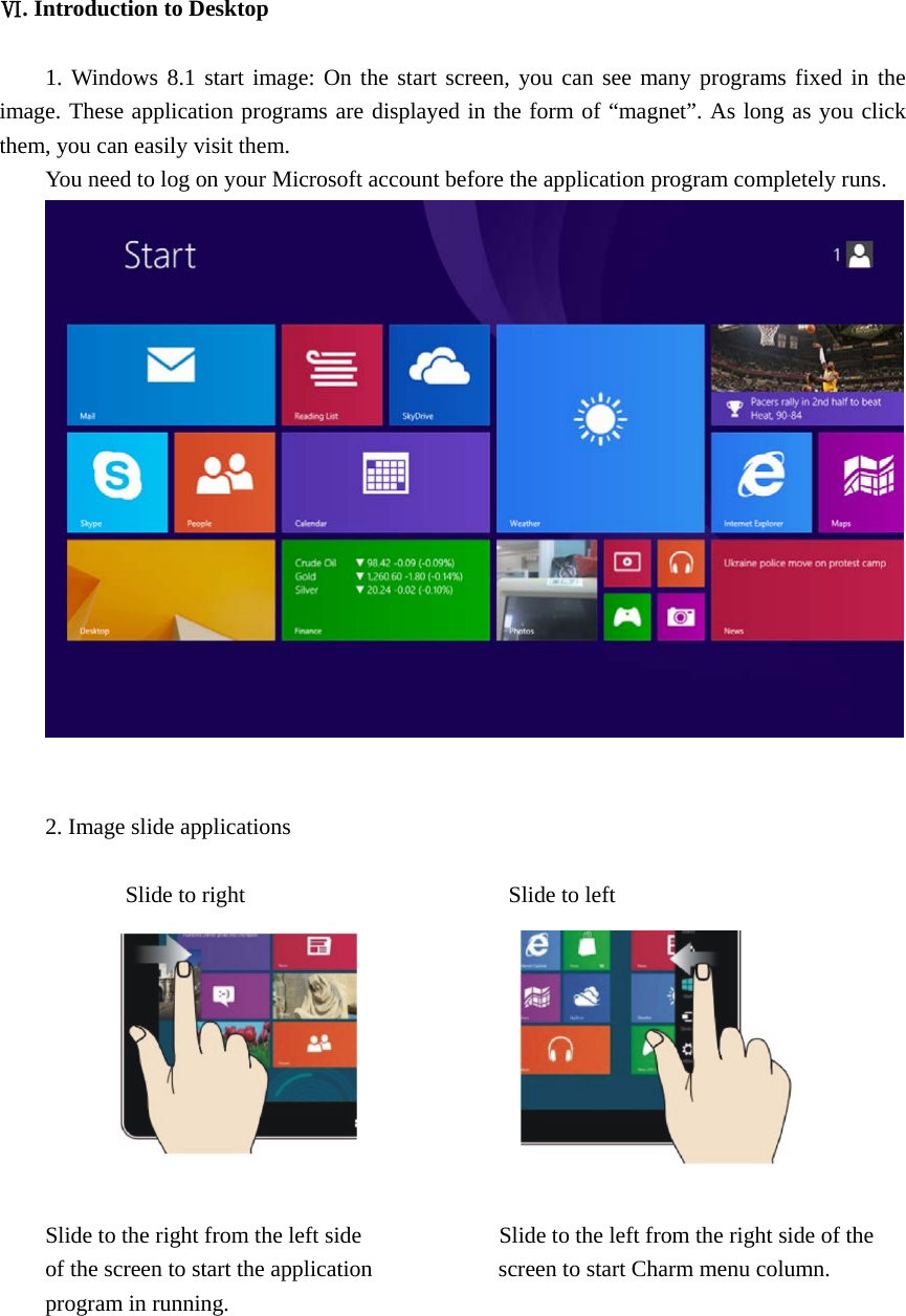     Ⅵ. Introduction to Desktop  1. Windows 8.1 start image: On the start screen, you can see many programs fixed in the image. These application programs are displayed in the form of &ldquo;magnet&rdquo;. As long as you click them, you can easily visit them. You need to log on your Microsoft account before the application program completely runs.    2. Image slide applications         Slide to right                       Slide to left           Slide to the right from the left side                        Slide to the left from the right side of the of the screen to start the application                      screen to start Charm menu column. program in running.   
