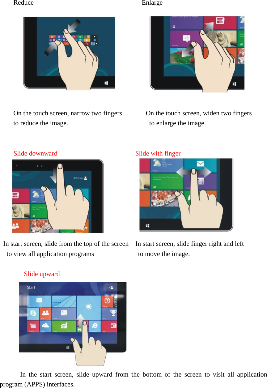    Reduce                                Enlarge            On the touch screen, narrow two fingers              On the touch screen, widen two fingers to reduce the image.                        to enlarge the image.       Slide downward                       Slide with finger                 In start screen, slide from the top of the screen    In start screen, slide finger right and left   to view all application programs             to move the image.          Slide upward                                                                                     In the start screen, slide upward from the bottom of the screen to visit all application program (APPS) interfaces.    