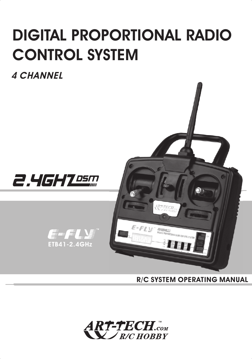 R/C SYSTEM OPERATING MANUALDIGITAL PROPORTIONAL RADIO CONTROL SYSTEM4 CHANNELETB41-2.4GHzCERTIFICATIONWe offer  35Mhz,  41Mhz  and  72Mhz  transmitter. The 40Mhz or 41Mhz transmitter has CE certification and the 72Mhz transmitter has FCC certification.36Mhz,  40Mhz,  35Mhz,  36Mhz, CERTIFICATION1.2.3.4.5.6. PitchUndercarriageRudderThrottleServos Black Red WhiteElevatorAileronOperating voltage: 4.5V-6.5VCurrent drain: 10mANumber of channels: 6CHSystem: FM(PPM) Single conversionSensitivity: 1VWeight: 15gSize(L x W x H): 47mm x 24mm x 12mmRange(Height): 500mRange(Distance): 400mAdjacent channel rejection: -65dBm 16kHzAvailable  35MHz  receiver  is  compatible  with  JR  transmitter,  40  Mhz receiver  is  compatible  with  JR  transmitter  72  Mhz  receiver  is  compatible Futaba transmitter.Caution: When you plug the servo cable into the receiver, the black wire of the servo cable should be nearest to the outside of the receiver box.SERVOWe offer 6gram, 9gram and 17gram servos for selection. We offer 3 servos in one package.CRYSTALThe crystal is located on the side of  the receiver.Output / battery connectorAileron servo (Ch1)    Elevator servo (Ch2)Throttle servo (Ch3)   Rudder servo (Ch4)MANUAL FOR BRUSHED ESCFeatures：   Can control the motor run deasil and anti-clockwise.   Full proportional liner.   Auto cut-off for low voltage.   Signal loss protection: while no signal received, the ESC will auto cut-off   In order not to hurt anyone due to out of control.Assembling：1.Turn the transmitter on and push the throttle into minimum.2.Plug the signal wire to the receiver and make sure all is correct.3.Connect  the  battery  and  ESC  and  pay  attention  to  the  polarity,  or  that  can cause  the  damage  to  ESC.  If  there  is  the  sound  like  &ldquo;beep&rdquo;,  that  means everything  is  ok.  If  not,  please  check  whether  is  ok,  like  the  wire  connection, battery and the position of throttle.4.After  the  Beep  sound  is over, you can  start  the  motor  by moving the throttle.5.If  the  motor  runs in the  opposite direction as what you want, you can change the connector of motor.6.The connections between motor and ESC should be well protected, or that can cause the damage to ESC7.Please use this ESC under the working currency.8.When the battery voltage is under the safety level or there is signal received, ESC will auto cut off the supply for motor.Signal connector for receiver：white：Signal wireRed: positiveBlack: negativeBattery connectorConnector for motorSpecifications：     30A     Input voltage:5V~14.4V     Output currency:30A/50A (Max)        BEC:5V/1A     Auto cut-off voltage:5V     Starting: throttle in min               (Starting point:1.0-1.5ms)     Dimension:21 x 32 x 10mm     Weight:15g