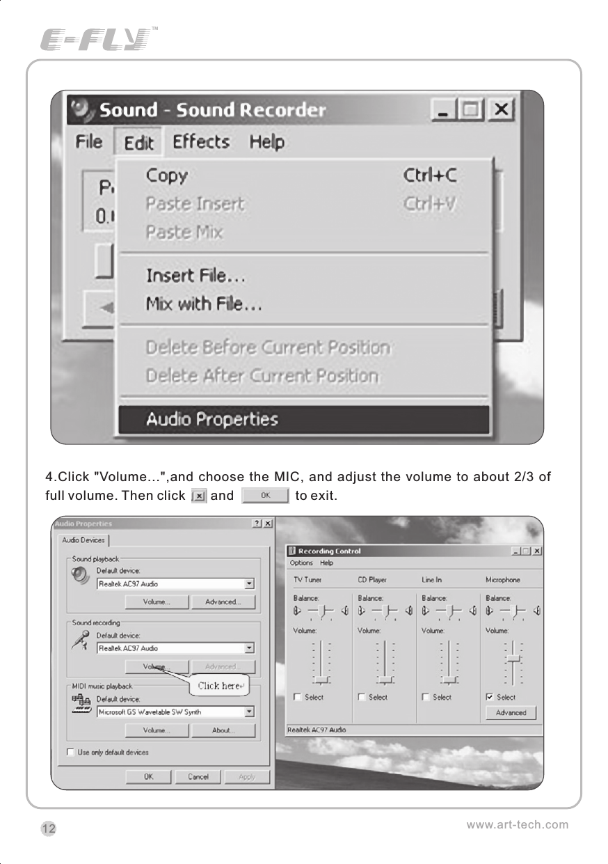 4.Click  "Volume...",and  choose the  MIC,  and  adjust the  volume  to  about  2/3  of full volume. Then click       and                 to exit.www.art-tech.com12CERTIFICATIONWe offer  35Mhz,  41Mhz  and  72Mhz  transmitter. The 40Mhz or 41Mhz transmitter has CE certification and the 72Mhz transmitter has FCC certification.36Mhz,  40Mhz,  35Mhz,  36Mhz, CERTIFICATION1.2.3.4.5.6. PitchUndercarriageRudderThrottleServos Black Red WhiteElevatorAileronOperating voltage: 4.5V-6.5VCurrent drain: 10mANumber of channels: 6CHSystem: FM(PPM) Single conversionSensitivity: 1VWeight: 15gSize(L x W x H): 47mm x 24mm x 12mmRange(Height): 500mRange(Distance): 400mAdjacent channel rejection: -65dBm 16kHzAvailable  35MHz  receiver  is  compatible  with  JR  transmitter,  40  Mhz receiver  is  compatible  with  JR  transmitter  72  Mhz  receiver  is  compatible Futaba transmitter.Caution: When you plug the servo cable into the receiver, the black wire of the servo cable should be nearest to the outside of the receiver box.SERVOWe offer 6gram, 9gram and 17gram servos for selection. We offer 3 servos in one package.CRYSTALThe crystal is located on the side of  the receiver.Output / battery connectorAileron servo (Ch1)    Elevator servo (Ch2)Throttle servo (Ch3)   Rudder servo (Ch4)MANUAL FOR BRUSHED ESCFeatures：   Can control the motor run deasil and anti-clockwise.   Full proportional liner.   Auto cut-off for low voltage.   Signal loss protection: while no signal received, the ESC will auto cut-off   In order not to hurt anyone due to out of control.Assembling：1.Turn the transmitter on and push the throttle into minimum.2.Plug the signal wire to the receiver and make sure all is correct.3.Connect  the  battery  and  ESC  and  pay  attention  to  the  polarity,  or  that  can cause  the  damage  to  ESC.  If  there  is  the  sound  like  &ldquo;beep&rdquo;,  that  means everything  is  ok.  If  not,  please  check  whether  is  ok,  like  the  wire  connection, battery and the position of throttle.4.After  the  Beep  sound  is over, you can  start  the  motor  by moving the throttle.5.If  the  motor  runs in the  opposite direction as what you want, you can change the connector of motor.6.The connections between motor and ESC should be well protected, or that can cause the damage to ESC7.Please use this ESC under the working currency.8.When the battery voltage is under the safety level or there is signal received, ESC will auto cut off the supply for motor.Signal connector for receiver：white：Signal wireRed: positiveBlack: negativeBattery connectorConnector for motorSpecifications：     30A     Input voltage:5V~14.4V     Output currency:30A/50A (Max)        BEC:5V/1A     Auto cut-off voltage:5V     Starting: throttle in min               (Starting point:1.0-1.5ms)     Dimension:21 x 32 x 10mm     Weight:15g