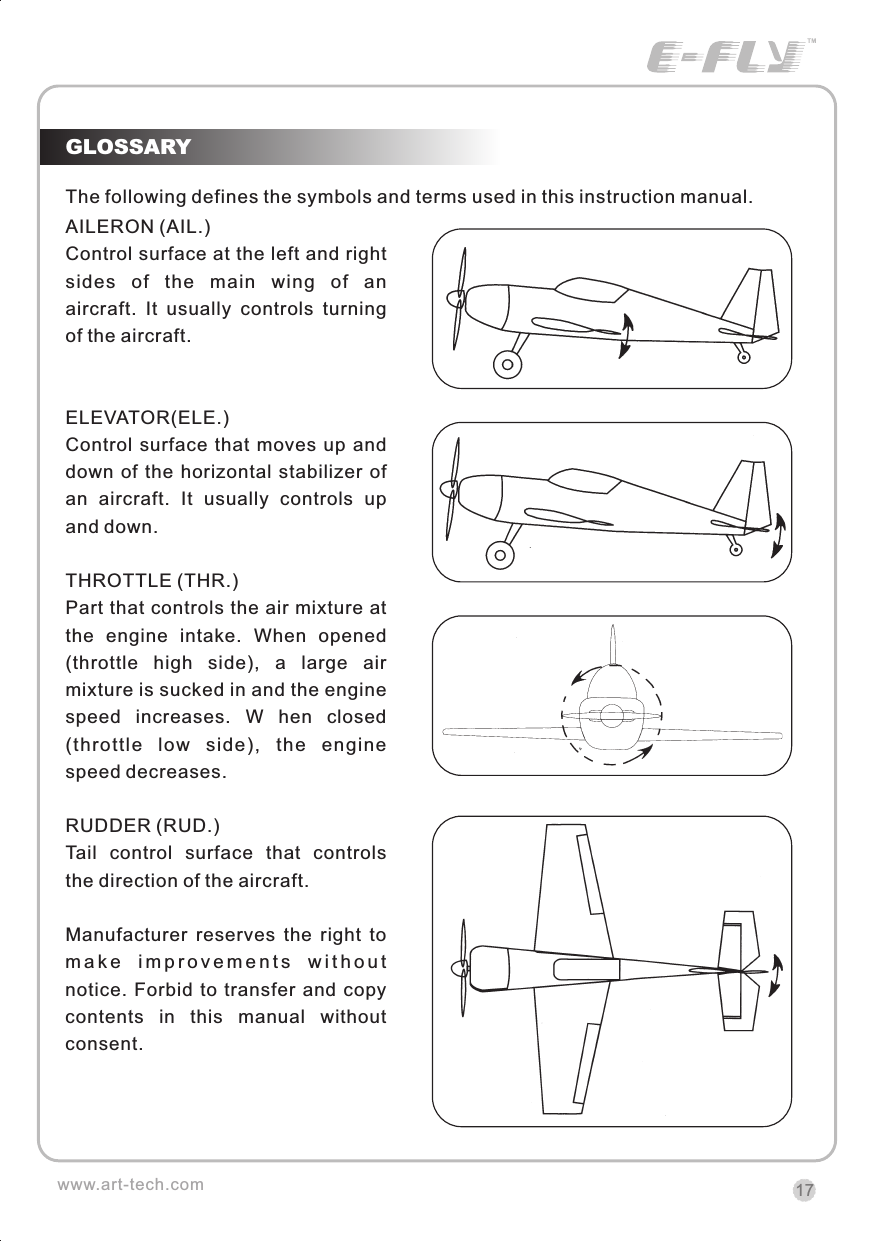 GLOSSARYThe following defines the symbols and terms used in this instruction manual.AILERON (AIL.)Control surface at the left and right sides  of  the  main  wing  of  an aircraft.  It  usually  controls  turning of the aircraft.ELEVATOR(ELE.)Control  surface that moves  up  and down  of the  horizontal stabilizer  of an  aircraft.  It  usually  controls  up and down.THROTTLE (THR.)Part that controls the air mixture at the  engine  intake.  When  opened (throttle  high  side),  a  large  air mixture is sucked in and the engine speed  increases.  W  hen  closed (throttle  low  side),  the  engine speed decreases.RUDDER (RUD.)Tail  control  surface  that  controls the direction of the aircraft.Manufacturer  reserves  the  right  to m a k e   i m p r o v e m e n t s  w i t h o u t notice.  Forbid  to  transfer  and copy contents  in  this  manual  without consent.17www.art-tech.comCERTIFICATIONWe offer  35Mhz,  41Mhz  and  72Mhz  transmitter. The 40Mhz or 41Mhz transmitter has CE certification and the 72Mhz transmitter has FCC certification.36Mhz,  40Mhz,  35Mhz,  36Mhz, CERTIFICATION1.2.3.4.5.6. PitchUndercarriageRudderThrottleServos Black Red WhiteElevatorAileronOperating voltage: 4.5V-6.5VCurrent drain: 10mANumber of channels: 6CHSystem: FM(PPM) Single conversionSensitivity: 1VWeight: 15gSize(L x W x H): 47mm x 24mm x 12mmRange(Height): 500mRange(Distance): 400mAdjacent channel rejection: -65dBm 16kHzAvailable  35MHz  receiver  is  compatible  with  JR  transmitter,  40  Mhz receiver  is  compatible  with  JR  transmitter  72  Mhz  receiver  is  compatible Futaba transmitter.Caution: When you plug the servo cable into the receiver, the black wire of the servo cable should be nearest to the outside of the receiver box.SERVOWe offer 6gram, 9gram and 17gram servos for selection. We offer 3 servos in one package.CRYSTALThe crystal is located on the side of  the receiver.Output / battery connectorAileron servo (Ch1)    Elevator servo (Ch2)Throttle servo (Ch3)   Rudder servo (Ch4)MANUAL FOR BRUSHED ESCFeatures：   Can control the motor run deasil and anti-clockwise.   Full proportional liner.   Auto cut-off for low voltage.   Signal loss protection: while no signal received, the ESC will auto cut-off   In order not to hurt anyone due to out of control.Assembling：1.Turn the transmitter on and push the throttle into minimum.2.Plug the signal wire to the receiver and make sure all is correct.3.Connect  the  battery  and  ESC  and  pay  attention  to  the  polarity,  or  that  can cause  the  damage  to  ESC.  If  there  is  the  sound  like  &ldquo;beep&rdquo;,  that  means everything  is  ok.  If  not,  please  check  whether  is  ok,  like  the  wire  connection, battery and the position of throttle.4.After  the  Beep  sound  is over, you can  start  the  motor  by moving the throttle.5.If  the  motor  runs in the  opposite direction as what you want, you can change the connector of motor.6.The connections between motor and ESC should be well protected, or that can cause the damage to ESC7.Please use this ESC under the working currency.8.When the battery voltage is under the safety level or there is signal received, ESC will auto cut off the supply for motor.Signal connector for receiver：white：Signal wireRed: positiveBlack: negativeBattery connectorConnector for motorSpecifications：     30A     Input voltage:5V~14.4V     Output currency:30A/50A (Max)        BEC:5V/1A     Auto cut-off voltage:5V     Starting: throttle in min               (Starting point:1.0-1.5ms)     Dimension:21 x 32 x 10mm     Weight:15g