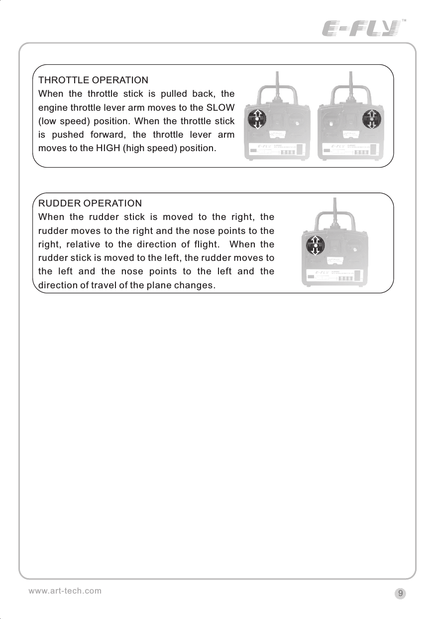 9www.art-tech.comTHROTTLE OPERATIONWhen  the  throttle  stick  is  pulled  back,  the engine throttle lever arm moves to the SLOW (low  speed)  position.  When  the  throttle  stick is  pushed  forward,  the  throttle  lever  arm moves to the HIGH (high speed) position.RUDDER OPERATIONWhen  the  rudder  stick  is  moved  to  the  right,  the rudder moves to the right and the nose points to the right,  relative  to  the  direction  of  flight.    When  the rudder stick is moved to the left, the rudder moves to the  left  and  the  nose  points  to  the  left  and  the direction of travel of the plane changes.CERTIFICATIONWe offer  35Mhz,  41Mhz  and  72Mhz  transmitter. The 40Mhz or 41Mhz transmitter has CE certification and the 72Mhz transmitter has FCC certification.36Mhz,  40Mhz,  35Mhz,  36Mhz, CERTIFICATION1.2.3.4.5.6. PitchUndercarriageRudderThrottleServos Black Red WhiteElevatorAileronOperating voltage: 4.5V-6.5VCurrent drain: 10mANumber of channels: 6CHSystem: FM(PPM) Single conversionSensitivity: 1VWeight: 15gSize(L x W x H): 47mm x 24mm x 12mmRange(Height): 500mRange(Distance): 400mAdjacent channel rejection: -65dBm 16kHzAvailable  35MHz  receiver  is  compatible  with  JR  transmitter,  40  Mhz receiver  is  compatible  with  JR  transmitter  72  Mhz  receiver  is  compatible Futaba transmitter.Caution: When you plug the servo cable into the receiver, the black wire of the servo cable should be nearest to the outside of the receiver box.SERVOWe offer 6gram, 9gram and 17gram servos for selection. We offer 3 servos in one package.CRYSTALThe crystal is located on the side of  the receiver.Output / battery connectorAileron servo (Ch1)    Elevator servo (Ch2)Throttle servo (Ch3)   Rudder servo (Ch4)MANUAL FOR BRUSHED ESCFeatures：   Can control the motor run deasil and anti-clockwise.   Full proportional liner.   Auto cut-off for low voltage.   Signal loss protection: while no signal received, the ESC will auto cut-off   In order not to hurt anyone due to out of control.Assembling：1.Turn the transmitter on and push the throttle into minimum.2.Plug the signal wire to the receiver and make sure all is correct.3.Connect  the  battery  and  ESC  and  pay  attention  to  the  polarity,  or  that  can cause  the  damage  to  ESC.  If  there  is  the  sound  like  &ldquo;beep&rdquo;,  that  means everything  is  ok.  If  not,  please  check  whether  is  ok,  like  the  wire  connection, battery and the position of throttle.4.After  the  Beep  sound  is over, you can  start  the  motor  by moving the throttle.5.If  the  motor  runs in the  opposite direction as what you want, you can change the connector of motor.6.The connections between motor and ESC should be well protected, or that can cause the damage to ESC7.Please use this ESC under the working currency.8.When the battery voltage is under the safety level or there is signal received, ESC will auto cut off the supply for motor.Signal connector for receiver：white：Signal wireRed: positiveBlack: negativeBattery connectorConnector for motorSpecifications：     30A     Input voltage:5V~14.4V     Output currency:30A/50A (Max)        BEC:5V/1A     Auto cut-off voltage:5V     Starting: throttle in min               (Starting point:1.0-1.5ms)     Dimension:21 x 32 x 10mm     Weight:15g