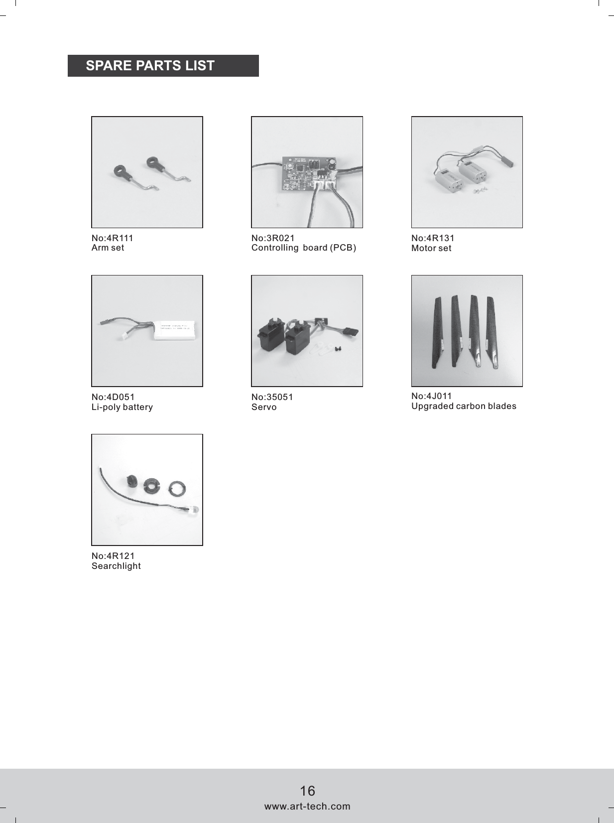 SPARE PARTS LISTNo:4R111Arm setNo:3R021Controlling board (PCB)No:4R131Motor setNo:35051Servo  No:4D051Li-poly batteryNo:4J011Upgraded carbon bladesNo:4R121Searchlightwww.art-tech.com16
