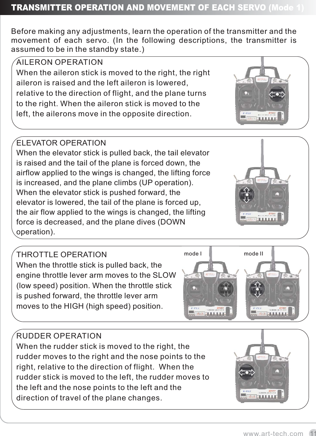 www.art-tech.com 11RUDDER OPERATIONWhen the rudder stick is moved to the right, the rudder moves to the right and the nose points to the right, relative to the direction of flight.  When the rudder stick is moved to the left, the rudder moves to the left and the nose points to the left and the direction of travel of the plane changes.THROTTLE OPERATIONWhen the throttle stick is pulled back, the engine throttle lever arm moves to the SLOW (low speed) position. When the throttle stick is pushed forward, the throttle lever arm moves to the HIGH (high speed) position.TRANSMITTER OPERATION AND MOVEMENT OF EACH SERVO (Mode 1)Before making any adjustments, learn the operation of the transmitter and the movement  of  each  servo.  (In  the  following  descriptions,  the  transmitter  is assumed to be in the standby state.)AILERON OPERATIONWhen the aileron stick is moved to the right, the right aileron is raised and the left aileron is lowered, relative to the direction of flight, and the plane turns to the right. When the aileron stick is moved to the left, the ailerons move in the opposite direction. ELEVATOR OPERATIONWhen the elevator stick is pulled back, the tail elevator is raised and the tail of the plane is forced down, the airflow applied to the wings is changed, the lifting force is increased, and the plane climbs (UP operation). When the elevator stick is pushed forward, the elevator is lowered, the tail of the plane is forced up, the air flow applied to the wings is changed, the lifting force is decreased, and the plane dives (DOWN operation).mode I mode II