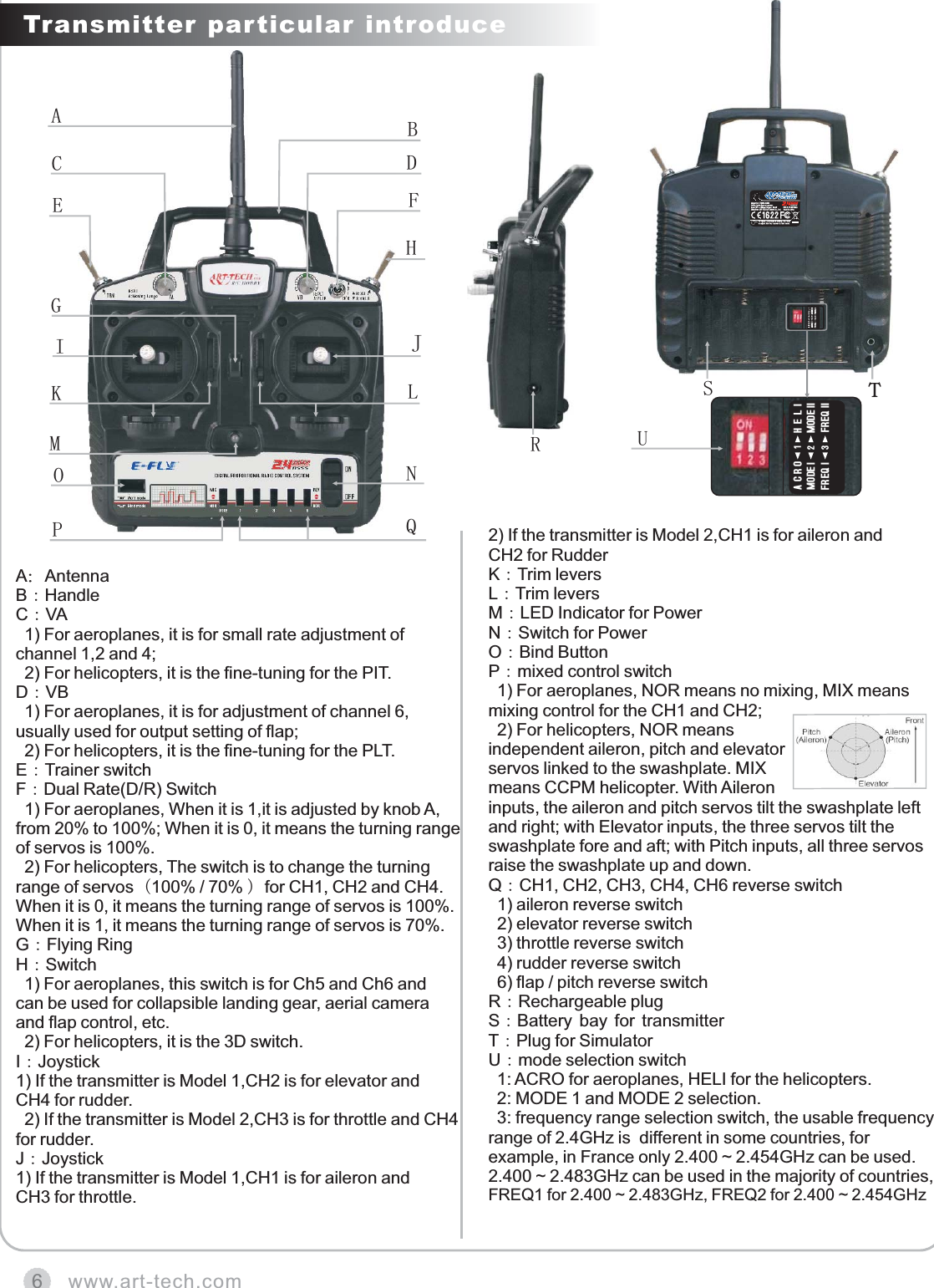 www.art-tech.com6Transmitter particular introduceRAIOQBJNCDEFPLGHKMA：AntennaB：HandleC：VA   1) For aeroplanes, it is for small rate adjustment of channel 1,2 and 4;   2) For helicopters, it is the fine-tuning for the PIT.D：VB  1) For aeroplanes, it is for adjustment of channel 6, usually used for output setting of flap;   2) For helicopters, it is the fine-tuning for the PLT.E：Trainer switchF：Dual Rate(D/R) Switch  1) For aeroplanes, When it is 1,it is adjusted by knob A, from 20% to 100%; When it is 0, it means the turning range of servos is 100%.   2) For helicopters, The switch is to change the turning range of servos（100% / 70% ）for CH1, CH2 and CH4. When it is 0, it means the turning range of servos is 100%. When it is 1, it means the turning range of servos is 70%.G：Flying RingH：Switch   1) For aeroplanes, this switch is for Ch5 and Ch6 and can be used for collapsible landing gear, aerial camera and flap control, etc.  2) For helicopters, it is the 3D switch. I：Joystick1) If the transmitter is Model 1,CH2 is for elevator and CH4 for rudder.  2) If the transmitter is Model 2,CH3 is for throttle and CH4 for rudder.J：Joystick1) If the transmitter is Model 1,CH1 is for aileron and CH3 for throttle.    2) If the transmitter is Model 2,CH1 is for aileron and CH2 for RudderK：Trim leversL：Trim leversM：LED Indicator for PowerN：Switch for Power    O：Bind Button     P：mixed control switch   1) For aeroplanes, NOR means no mixing, MIX means mixing control for the CH1 and CH2;   2) For helicopters, NOR means independent aileron, pitch and elevator servos linked to the swashplate. MIX means CCPM helicopter. With Aileron inputs, the aileron and pitch servos tilt the swashplate left and right; with Elevator inputs, the three servos tilt the  swashplate fore and aft; with Pitch inputs, all three servos raise the swashplate up and down.Q：CH1, CH2, CH3, CH4, CH6 reverse switch   1) aileron reverse switch   2) elevator reverse switch   3) throttle reverse switch   4) rudder reverse switch   6) flap / pitch reverse switchR：Rechargeable plugS：Battery bay for transmitterT：Plug for SimulatorU：mode selection switch   1: ACRO for aeroplanes, HELI for the helicopters.   2: MODE 1 and MODE 2 selection.   3: frequency range selection switch, the usable frequency range of 2.4GHz is  different in some countries, for example, in France only 2.400 ~ 2.454GHz can be used. 2.400 ~ 2.483GHz can be used in the majority of countries, FREQ1 for 2.400 ~ 2.483GHz, FREQ2 for 2.400 ~ 2.454GHzMODE IIACROMODE I123FREQ I FREQ IIHELISTU