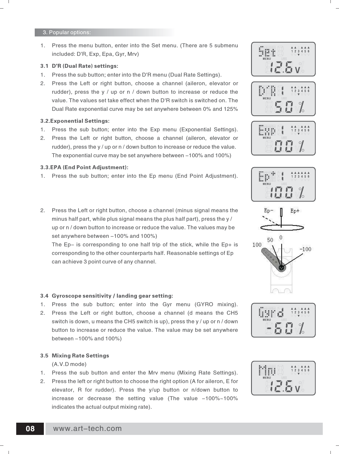www.art-tech.com081.  Press the menu button, enter into the Set menu. (There are 5 submenu included: D'R, Exp, Epa, Gyr, Mrv) 3.1 D'R (Dual Rate) settings: 1.  Press the sub button; enter into the D'R menu (Dual Rate Settings). 2.  Press  the  Left  or  right  button,  choose  a  channel  (aileron,  elevator  or rudder),  press  the  y  /  up  or n  /  down  button to  increase or  reduce  the value. The values set take effect when the D'R switch is switched on. The Dual Rate exponential curve may be set anywhere between 0% and 125% 3.2.Exponential Settings: 1.  Press  the  sub  button;  enter  into  the  Exp  menu  (Exponential  Settings). 2.  Press  the  Left  or  right  button,  choose  a  channel  (aileron,  elevator  or rudder), press the y / up or n / down button to increase or reduce the value. The exponential curve may be set anywhere between -100% and 100%) 3.3.EPA (End Point Adjustment): 1.  Press  the sub  button; enter  into  the  Ep  menu  (End Point  Adjustment). 2.  Press the Left or right button, choose a channel (minus signal means the minus half part, while plus signal means the plus half part), press the y / up or n / down button to increase or reduce the value. The values may be set anywhere between -100% and 100%)The Ep- is corresponding to one half trip of the stick, while the Ep+ is corresponding to the other counterparts half. Reasonable settings of Ep can achieve 3 point curve of any channel. 3.4 Gyroscope sensitivity / landing gear setting: 1.  Press  the  sub  button;  enter  into  the  Gyr  menu  (GYRO  mixing). 2.  Press  the  Left  or  right  button,  choose  a  channel  (d  means  the  CH5 switch is down, u means the CH5 switch is up), press the y / up or n / down button to increase or reduce the value. The value may be set anywhere between -100% and 100%)3.5  Mixing Rate Settings(A.V.D mode)1.  Press  the  sub  button  and  enter  the  Mrv  menu  (Mixing  Rate  Settings).2.  Press the left or right button to choose the right option (A for aileron, E for elevator,  R  for  rudder).  Press  the  y/up  button  or  n/down  button to increase  or  decrease  the  setting  value  (The  value  -100%~100% indicates the actual output mixing rate).3. Popular options: 
