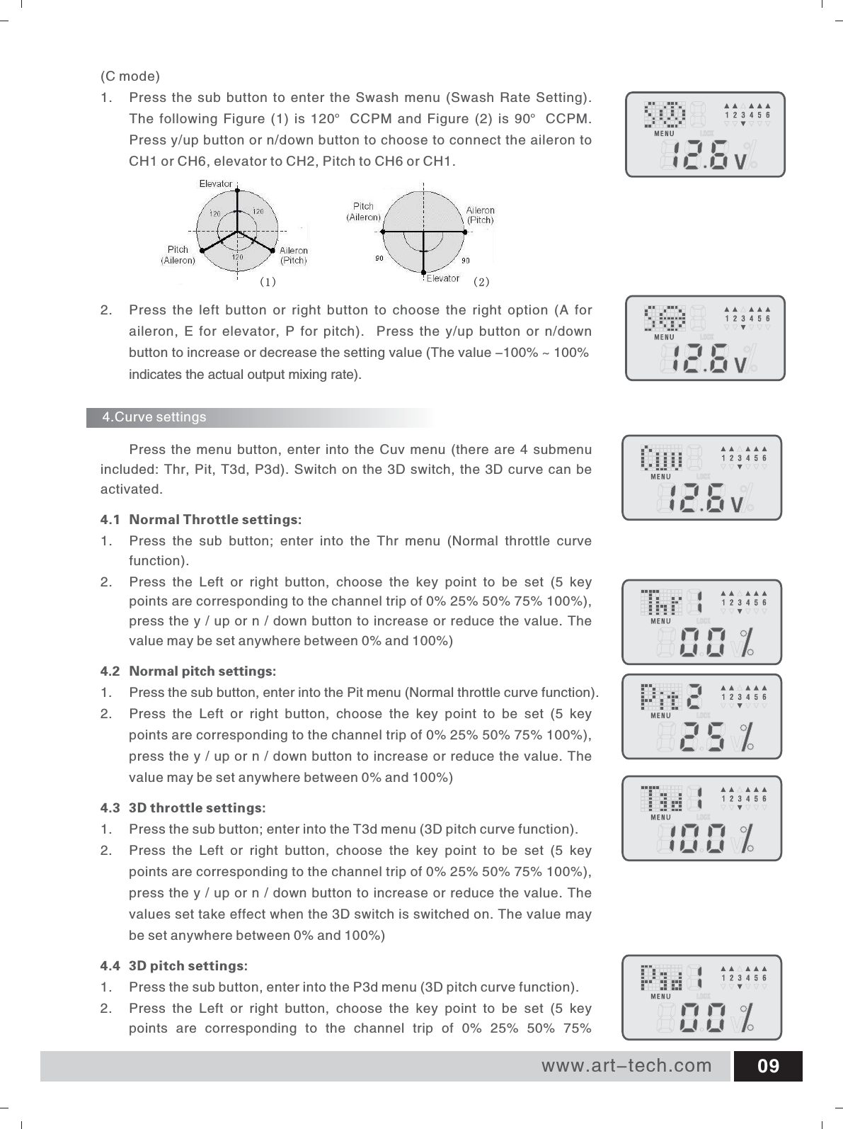 www.art-tech.com 09 Press the menu button, enter into the Cuv menu (there are 4 submenu included: Thr, Pit, T3d, P3d). Switch on the 3D switch, the 3D curve can be activated. 4.1 Normal Throttle settings: 1.  Press  the  sub  button;  enter  into  the  Thr  menu  (Normal  throttle  curve function). 2.  Press  the  Left  or  right  button,  choose  the  key  point  to  be  set  (5  key points are corresponding to the channel trip of 0% 25% 50% 75% 100%), press the y / up or n / down button to increase or reduce the value. The value may be set anywhere between 0% and 100%)4.2 Normal pitch settings: 1.  Press the sub button, enter into the Pit menu (Normal throttle curve function). 2.  Press  the  Left  or  right  button,  choose  the  key  point  to  be  set  (5  key points are corresponding to the channel trip of 0% 25% 50% 75% 100%), press the y / up or n / down button to increase or reduce the value. The value may be set anywhere between 0% and 100%) 4.3 3D throttle settings: 1.  Press the sub button; enter into the T3d menu (3D pitch curve function). 2. Press  the  Left  or  right  button,  choose  the  key  point  to  be  set  (5  key points are corresponding to the channel trip of 0% 25% 50% 75% 100%), press the y / up or n / down button to increase or reduce the value. The values set take effect when the 3D switch is switched on. The value may be set anywhere between 0% and 100%) 4.4 3D pitch settings: 1.  Press the sub button, enter into the P3d menu (3D pitch curve function). 2.  Press  the  Left  or  right  button,  choose  the  key  point  to  be  set  (5  key points  are  corresponding  to  the  channel  trip  of  0%  25%  50%  75% 4.Curve settings(C mode)1.  Press the sub button to enter the Swash menu (Swash Rate Setting). The  following  Figure  (1)  is  120&deg; CCPM  and  Figure  (2)  is  90&deg; CCPM. Press y/up button or n/down button to choose to connect the aileron to CH1 or CH6, elevator to CH2, Pitch to CH6 or CH1.2.  Press  the  left  button  or  right  button  to  choose  the  right  option  (A  for aileron, E for  elevator, P  for pitch).    Press the  y/up button  or  n/down button to increase or decrease the setting value (The value -100% ~ 100%indicates the actual output mixing rate).(1) (2)