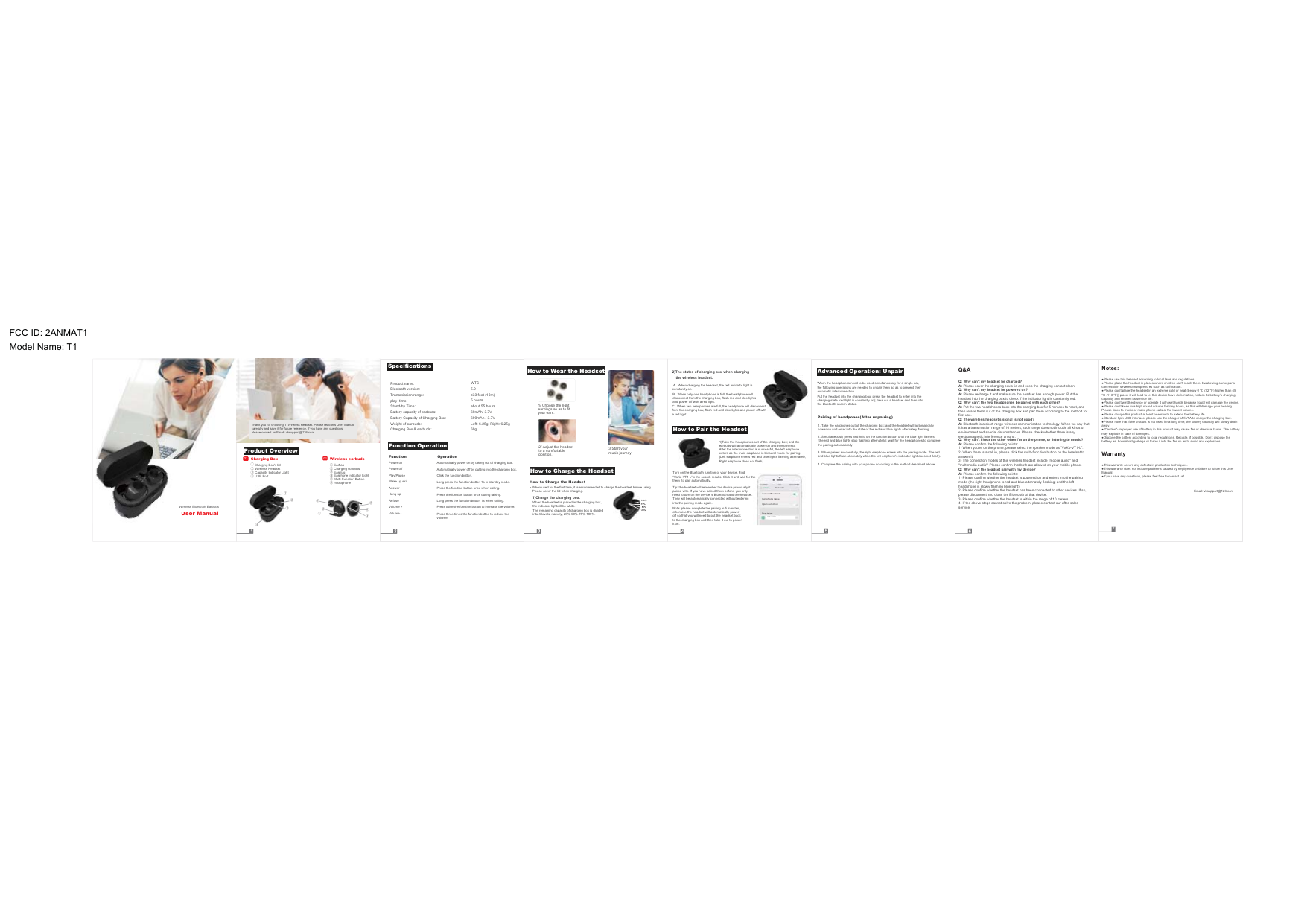 Email: vksupport@126.com7User ManualWireless Bluetooth Earbuds01Thank you for choosing T1Wireless Headset. Please read this User Manualcarefully and save it for future reference. If you have any questions,please contact us.Email: vksupport@126.comCharging Box's lid Wireless Headset Capacity Indicator Light USB PortCharging Box01 Wireless earbuds02  Charging contacts  Earplug  Earphone Indicator Light  Multi-Function Button microphoneEarflap①①②②③③④④①①②②③③④④⑤⑤⑥⑥Product OverviewSpecificationsProduct name:Bluetooth version:Transmission range:play  time:Stand-by Time:Battery capacity of earbuds:Battery Capacity of Charging Box:Weight of earbuds:Charging Box &amp; earbuds:WTS5.05 hoursabout 55 hoursLeft: 6.25g; Right: 6.25g60gFunction OperationPower onPower offPlay/PauseWake up siriAnswerHang upRefuseVolume +Volume -Automatically power on by taking out of charging box.Automatically power off by putting into the charging box.Click the function button.Long press the function button 1s in standby mode.Press the function button once when calling.Press the function button once during talking.Long press the function button 1s when calling.Function Operationmusic journey. How to Wear the Headset1/ Choose the right earplugs so as to fit your ears.2/ Adjust the headset to a comfortable position.How to Charge the HeadsetHow to Pair the HeadsetAdvanced Operation: Unpair25%100%75%50%How to Charge the HeadsetWhen used for the first time, it is recommended to charge the headset before using.Please cover the lid when charging.When the headset is placed in the charging box, the indicator lightwill be white.1)Charge the charging box.The remaining capacity of charging box is divided into 4 levels, namely, 25%-50%-75%-100%.2)The states of charging box when chargingthe wireless headset.constantly on.  B . When only one headphone is full, the headphone will disconnect from the charging box, flash red and blue lights and power off with a red light.C . When two headphones are full, the headphone will disconnect from the charging box, flash red and blue lights and power off with a red light.  A . When charging the headset, the red indicator light is earbuds will automatically power on and interconnect. After the interconnection is successful, the left earphone enters as the main earphone in binaural mode for pairing.Tip: the headset will remember the device previously it paired with. If you have paired them before, you only need to turn on the device' s Bluetooth and the headset. They will be automatically connected without entering into the pairing mode again.Note: please complete the pairing in 5 minutes, otherwise the headset will automatically power off so that you will need to put the headset back to the charging box and then take it out to power it on.Turn on the Bluetooth function of your device. Find &ldquo;VaKo-VT1 L&rdquo;in the search results. Click it and wait for the them  to pair automatically.he Paired d evi cesBlueo othTurn o n Blu eto othCell p hon e nam eOpen d etect io nsett i ng      VaKo-VT1 LWhen the headphones need to be used simultaneously for a single ear, the following operations are needed to unpair them so as to prevent their automatic interconnection.Put the headset into the charging box; press the headset to enter into the the bluetooth search status.1. Take the earphones out of the charging box; and the headset will automatically power on and enter into the state of the red and blue lights alternately flashing.2. Simultaneously press and hold on the function button until the blue light flashes the pairing automatically.4. Complete the pairing with your phone according to the method described above.Pairing of headpones(After unpairing)Q&amp;AQ: Why can't I hear the other when l'm on the phone, or listening to music?A: Please confirm the following points:answer it.Q: Why can't the headset pair with my device?A: Please confirm the following points:please disconnect and close the Bluetooth of that device.service.Notes:can result in severe consequenc es such as suffocation.capacity and shorten its service life.Please listen to music or make phone calls at the lowest volume.away.may explode in case of damages.battery as  household garbage or throw it into the fire so as to avoid any explosions.WarrantyManual.Q: Why can't my headset be charged?A: Please cover the charging box's lid and keep the charging contact clean.Q: Why can't my headset be powered on?A: Please recharge it and make sure the headset has enough power. Put the headset into the charging box to check if the indicator light is constantly red.Q: Why can't the two headphones be paired with each other?A: Put the two headphones back into the charging box for 5 minutes to reset, and then retake them out of the charging box and pair them according to the method for first use.Q: The wireless headset's signal is not good?A: Bluetooth is a short-range wireless communication technology. When we say that it has a transmission range of 10 meters, such range does not include all kinds of environment and special circumstances. Please check whether there is any electromagnetic interference around.UsWirelesPress twice the function button to increase the volume.Press three times the function button to reduce the volume.FCC ID: 2ANMAT1Model Name: T1