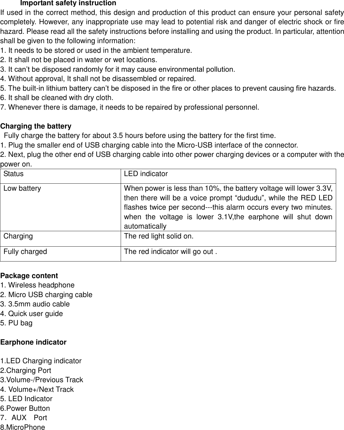 Page 2 of ShenZhen Aoni Electronic Industry A8B036 Bluetooth Headset User Manual 