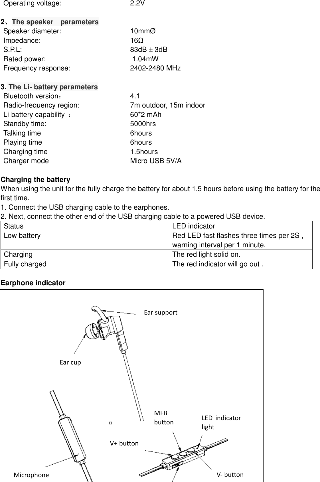  Operating voltage: 2.2V  2、The speaker    parameters Speaker diameter: 10mmØ   Impedance: 16Ω S.P.L: 83dB ± 3dB Rated power:  1.04mW   Frequency response: 2402-2480 MHz  3. The Li- battery parameters   Bluetooth version：   4.1 Radio-frequency region: 7m outdoor, 15m indoor Li-battery capability  ： 60*2 mAh Standby time: 5000hrs Talking time 6hours   Playing time 6hours Charging time 1.5hours Charger mode Micro USB 5V/A  Charging the battery When using the unit for the fully charge the battery for about 1.5 hours before using the battery for the first time. 1. Connect the USB charging cable to the earphones. 2. Next, connect the other end of the USB charging cable to a powered USB device. Status   LED indicator   Low battery   Red LED fast flashes three times per 2S , warning interval per 1 minute. Charging   The red light solid on. Fully charged   The red indicator will go out .  Earphone indicator  Microphone pinhole Ear cup Ear support LED  indicator light MFB button V+ button V- button 