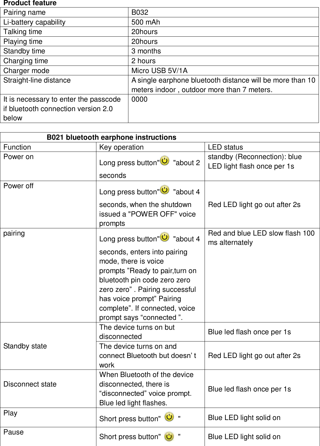 Product feature Pairing name   B032 Li-battery capability 500 mAh Talking time 20hours Playing time 20hours Standby time 3 months Charging time 2 hours Charger mode Micro USB 5V/1A Straight-line distance  A single earphone bluetooth distance will be more than 10 meters indoor , outdoor more than 7 meters.   It is necessary to enter the passcode if bluetooth connection version 2.0 below   0000              B021 bluetooth earphone instructions Function Key operation LED status Power on Long press button&quot;   &quot;about 2 seconds standby (Reconnection): blue LED light flash once per 1s Power off   Long press button&quot;   &quot;about 4 seconds, when the shutdown issued a &quot;POWER OFF&quot; voice prompts Red LED light go out after 2s pairing Long press button&quot;   &quot;about 4 seconds, enters into pairing mode, there is voice prompts ”Ready to pair,turn on bluetooth pin code zero zero zero zero” . Pairing successful has voice prompt” Pairing complete”. If connected, voice prompt says “connected ”. Red and blue LED slow flash 100 ms alternately    Standby state The device turns on but disconnected Blue led flash once per 1s The device turns on and connect Bluetooth but doesn’ t work Red LED light go out after 2s Disconnect state  When Bluetooth of the device disconnected, there is “disconnected” voice prompt. Blue led light flashes.   Blue led flash once per 1s Play Short press button&quot;    &quot; Blue LED light solid on Pause Short press button&quot;    &quot; Blue LED light solid on 