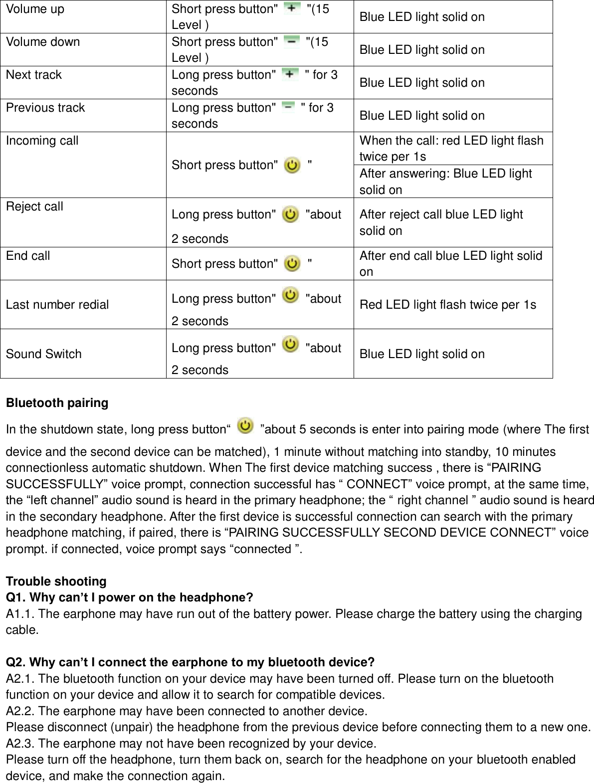 Volume up Short press button&quot;    &quot;(15 Level )   Blue LED light solid on Volume down Short press button&quot;    &quot;(15 Level )   Blue LED light solid on Next track Long press button&quot;    &quot; for 3 seconds Blue LED light solid on Previous track Long press button&quot;    &quot; for 3 seconds Blue LED light solid on Incoming call Short press button&quot;    &quot; When the call: red LED light flash twice per 1s After answering: Blue LED light solid on Reject call Long press button&quot;    &quot;about 2 seconds After reject call blue LED light solid on End call Short press button&quot;    &quot; After end call blue LED light solid on Last number redial Long press button&quot;    &quot;about 2 seconds Red LED light flash twice per 1s Sound Switch Long press button&quot;    &quot;about 2 seconds Blue LED light solid on  Bluetooth pairing In the shutdown state, long press button“   ”about 5 seconds is enter into pairing mode (where The first device and the second device can be matched), 1 minute without matching into standby, 10 minutes connectionless automatic shutdown. When The first device matching success , there is “PAIRING SUCCESSFULLY” voice prompt, connection successful has “ CONNECT” voice prompt, at the same time, the “left channel” audio sound is heard in the primary headphone; the “ right channel ” audio sound is heard in the secondary headphone. After the first device is successful connection can search with the primary headphone matching, if paired, there is “PAIRING SUCCESSFULLY SECOND DEVICE CONNECT” voice prompt. if connected, voice prompt says “connected ”.  Trouble shooting Q1. Why can’t I power on the headphone? A1.1. The earphone may have run out of the battery power. Please charge the battery using the charging cable.  Q2. Why can’t I connect the earphone to my bluetooth device? A2.1. The bluetooth function on your device may have been turned off. Please turn on the bluetooth function on your device and allow it to search for compatible devices. A2.2. The earphone may have been connected to another device. Please disconnect (unpair) the headphone from the previous device before connecting them to a new one. A2.3. The earphone may not have been recognized by your device. Please turn off the headphone, turn them back on, search for the headphone on your bluetooth enabled device, and make the connection again. 