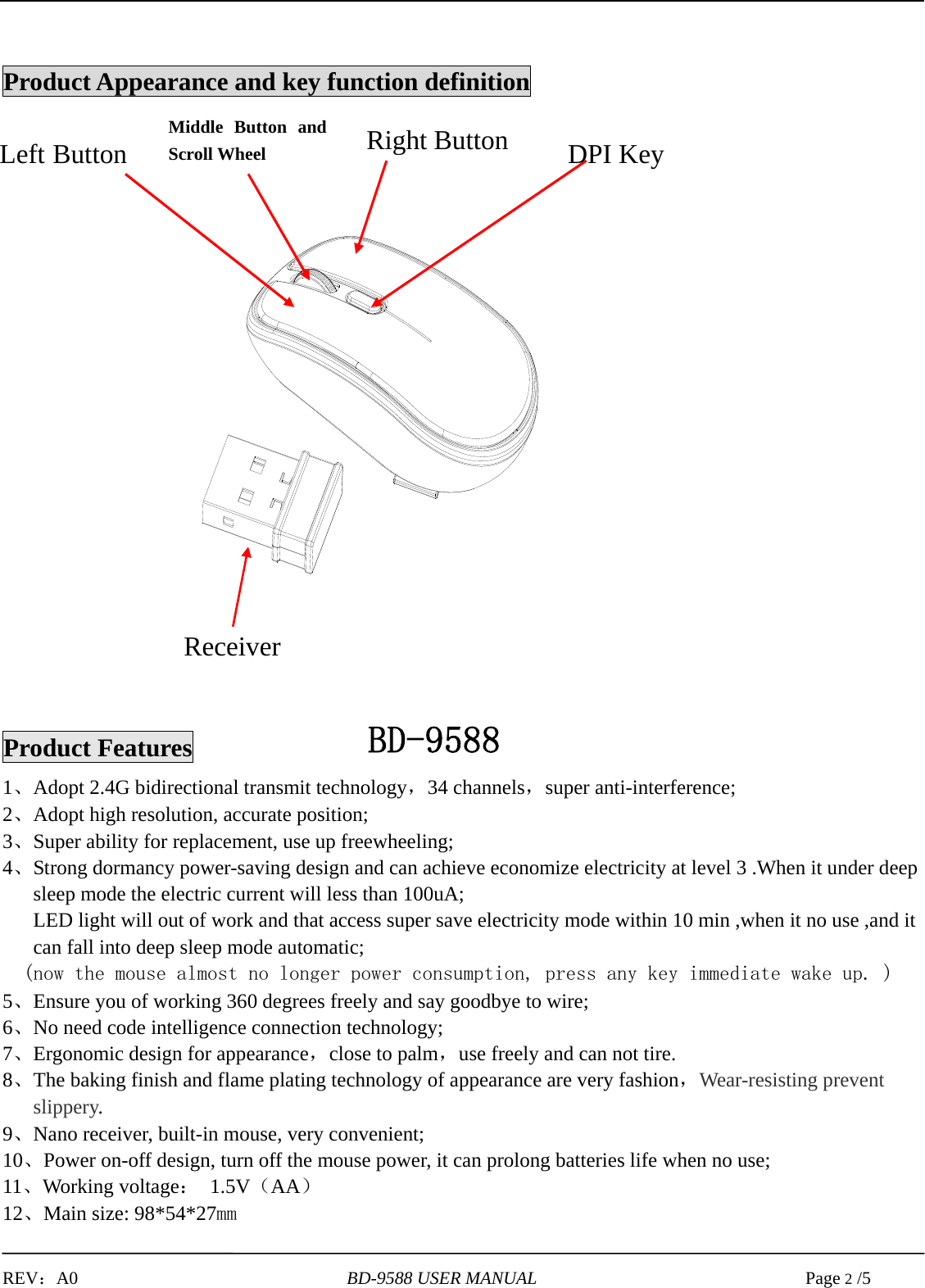   REV：A0                              BD-9588 USER MANUAL                              Page 2 /5             Product Appearance and key function definition                                                                       Product Features 1、Adopt 2.4G bidirectional transmit technology，34 channels，super anti-interference; 2、Adopt high resolution, accurate position; 3、Super ability for replacement, use up freewheeling; 4、Strong dormancy power-saving design and can achieve economize electricity at level 3 .When it under deep sleep mode the electric current will less than 100uA; LED light will out of work and that access super save electricity mode within 10 min ,when it no use ,and it can fall into deep sleep mode automatic;       (now the mouse almost no longer power consumption, press any key immediate wake up. ) 5、Ensure you of working 360 degrees freely and say goodbye to wire; 6、No need code intelligence connection technology; 7、Ergonomic design for appearance，close to palm，use freely and can not tire. 8、The baking finish and flame plating technology of appearance are very fashion，Wear-resisting prevent slippery.  9、Nano receiver, built-in mouse, very convenient; 10、Power on-off design, turn off the mouse power, it can prolong batteries life when no use; 11、Working voltage： 1.5V（AA） 12、Main size: 98*54*27mm Middle Button and Scroll Wheel Right ButtonLeft Button DPI Key BD-9588Receiver 