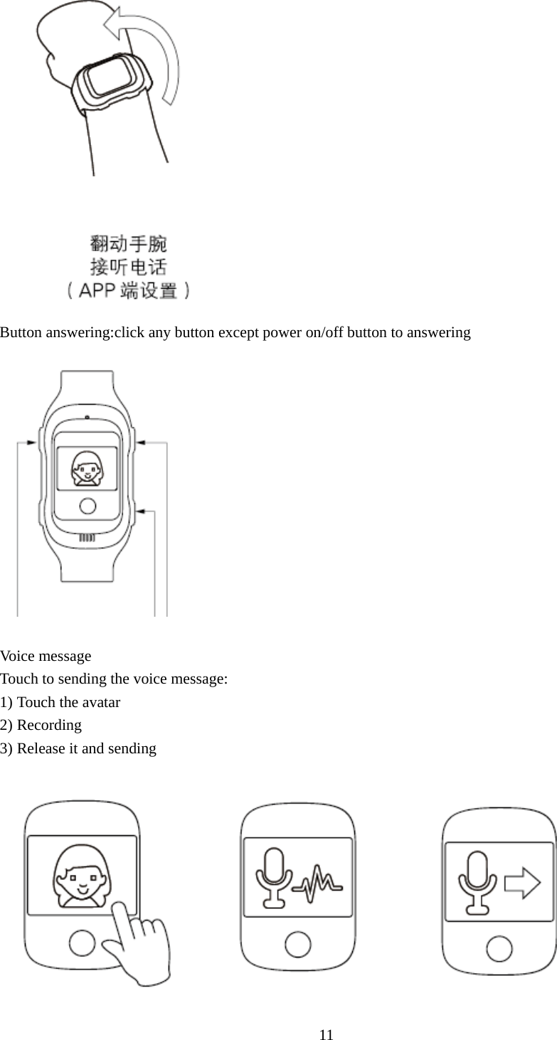   11 Button answering:click any button except power on/off button to answering   Voice message Touch to sending the voice message:   1) Touch the avatar   2) Recording 3) Release it and sending    