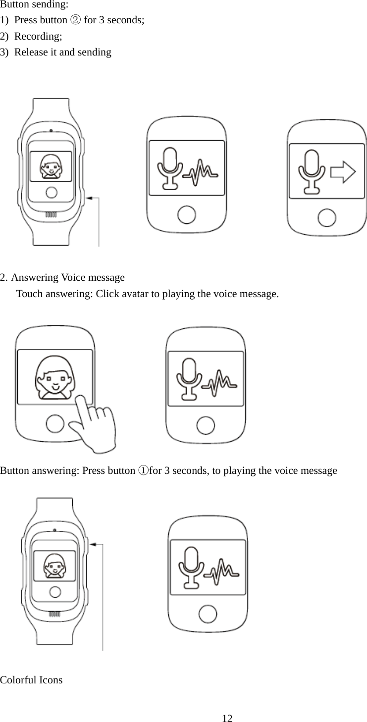   12 Button sending: 1) Press button ② for 3 seconds; 2) Recording; 3)  Release it and sending      2. Answering Voice message       Touch answering: Click avatar to playing the voice message.  Button answering: Press button ①for 3 seconds, to playing the voice message   Colorful Icons 
