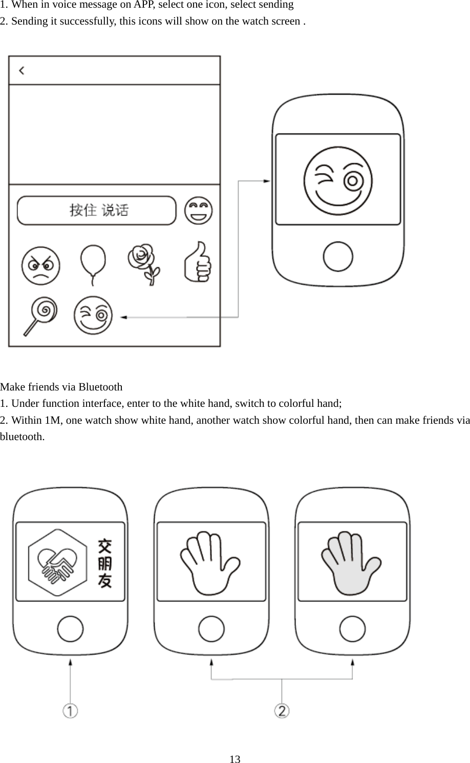   131. When in voice message on APP, select one icon, select sending 2. Sending it successfully, this icons will show on the watch screen .   Make friends via Bluetooth 1. Under function interface, enter to the white hand, switch to colorful hand; 2. Within 1M, one watch show white hand, another watch show colorful hand, then can make friends via bluetooth.  