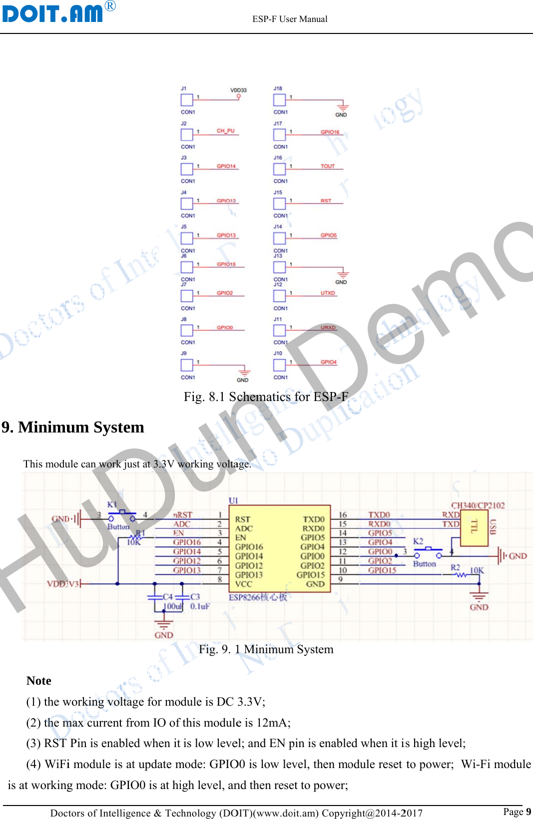 D9.  isDOIT.Doct. MinimuThis moduNote (1) the w(2) the m(3) RST (4) WiFis at workingAM&reg;    tors of Intellium Systeule can work jworking voltmax current Pin is enabi module is g mode: GP                        igence &amp; Tecem just at 3.3V wtage for mofrom IO of bled when itat update mPIO0 is at hi                        chnology (DOFig. 8.1 Sworking voltaFig. 9. 1dule is DC fthis moduleis low levemode: GPIOigh level, an      ESP-F UseOIT)(www.dochematics age. 1 Minimum3.3V; e is 12mA;el; and EN pO0 is low levnd then reseer Manual oit.am) Copyrfor ESP-Fm System pin is enablevel, then met to power;right@2014-2  ed when it iodule reset  2017               is high levelto power;                  Pagl; Wi-Fi modge 9  dule HuDun Demo