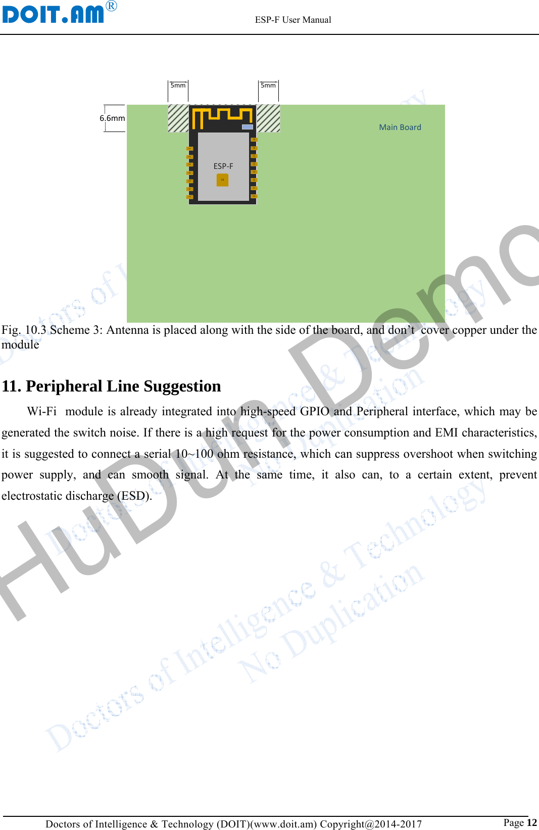 DOIT.AM&reg;                                                          ESP-F User Manual Doctors of Intelligence &amp; Technology (DOIT)(www.doit.am) Copyright@2014-2017                               Page 12 MainBoard5mm6.6mm5mm810911 12 13 14ESP-F15161 2 43 5 6 7 Fig. 10.3 Scheme 3: Antenna is placed along with the side of the board, and don&rsquo;t  cover copper under the module  11. Peripheral Line Suggestion Wi-Fi  module is already integrated into high-speed GPIO and Peripheral interface, which may be generated the switch noise. If there is a high request for the power consumption and EMI characteristics, it is suggested to connect a serial 10~100 ohm resistance, which can suppress overshoot when switching power supply, and can smooth signal. At the same time, it also can, to a certain extent, prevent electrostatic discharge (ESD).   HuDun Demo