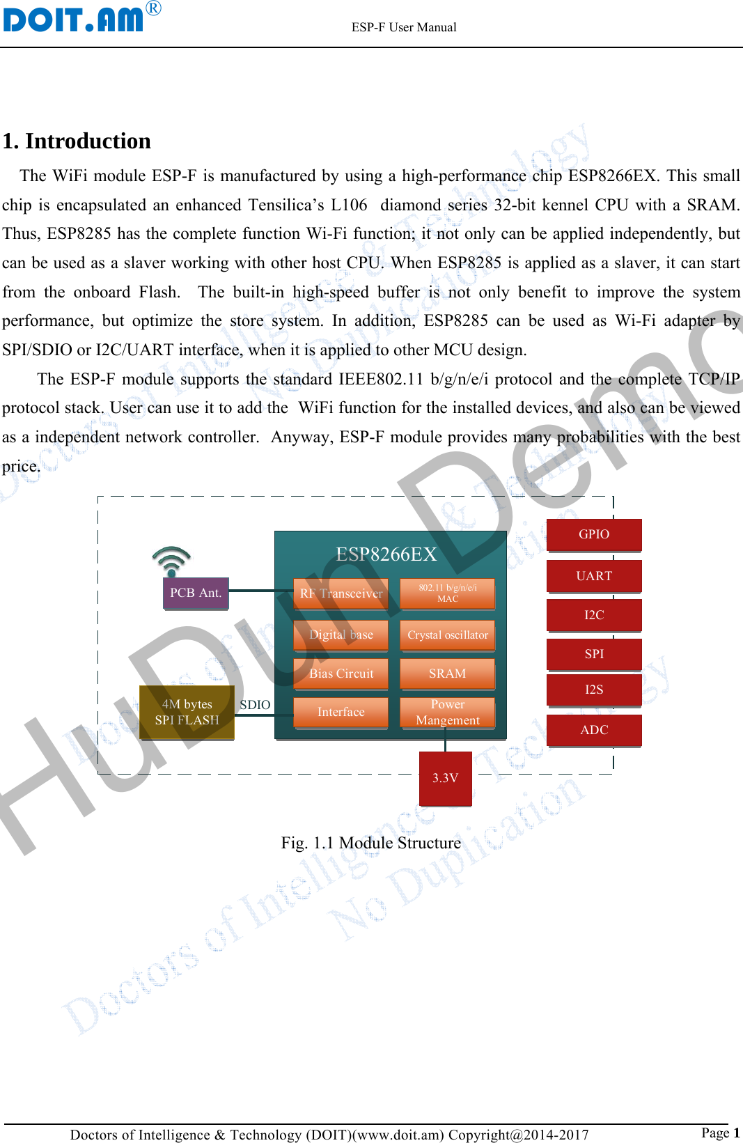 DOIT.AM&reg;                                                          ESP-F User Manual Doctors of Intelligence &amp; Technology (DOIT)(www.doit.am) Copyright@2014-2017                               Page 1 1. Introduction The WiFi module ESP-F is manufactured by using a high-performance chip ESP8266EX. This small chip is encapsulated an enhanced Tensilica&rsquo;s L106  diamond series 32-bit kennel CPU with a SRAM. Thus, ESP8285 has the complete function Wi-Fi function; it not only can be applied independently, but can be used as a slaver working with other host CPU. When ESP8285 is applied as a slaver, it can start from the onboard Flash.  The built-in high-speed buffer is not only benefit to improve the system performance, but optimize the store system. In addition, ESP8285 can be used as Wi-Fi adapter by SPI/SDIO or I2C/UART interface, when it is applied to other MCU design. The ESP-F module supports the standard IEEE802.11 b/g/n/e/i protocol and the complete TCP/IP protocol stack. User can use it to add the  WiFi function for the installed devices, and also can be viewed as a independent network controller.  Anyway, ESP-F module provides many probabilities with the best price.  ESP8266EX802.11 b/g/n/e/iMACInterfaceSRAMPower MangementRF TransceiverDigital base Crystal oscillatorBias CircuitPCB Ant.4M bytes SPI FLASHSDIO3.3VGPIOUARTI2CSPIADCI2S  Fig. 1.1 Module Structure HuDun Demo