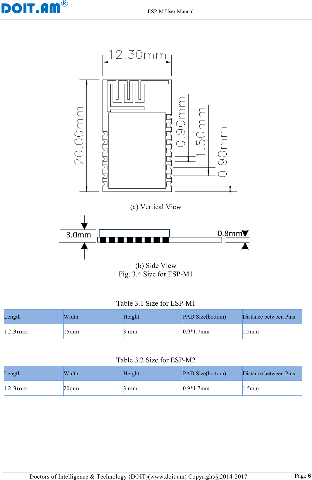 DOIT.AM&reg;                                                          ESP-M User Manual Doctors of Intelligence &amp; Technology (DOIT)(www.doit.am) Copyright@2014-2017                               Page 6  (a) Vertical View  (b) Side View Fig. 3.4 Size for ESP-M1    Table 3.1 Size for ESP-M1  Length Width Height  PAD Size(bottom)  Distance between Pins 12.3mm 15mm 3 mm 0.9*1.7mm 1.5mm   Table 3.2 Size for ESP-M2  Length Width Height  PAD Size(bottom)  Distance between Pins 12.3mm 20mm 3 mm 0.9*1.7mm 1.5mm   