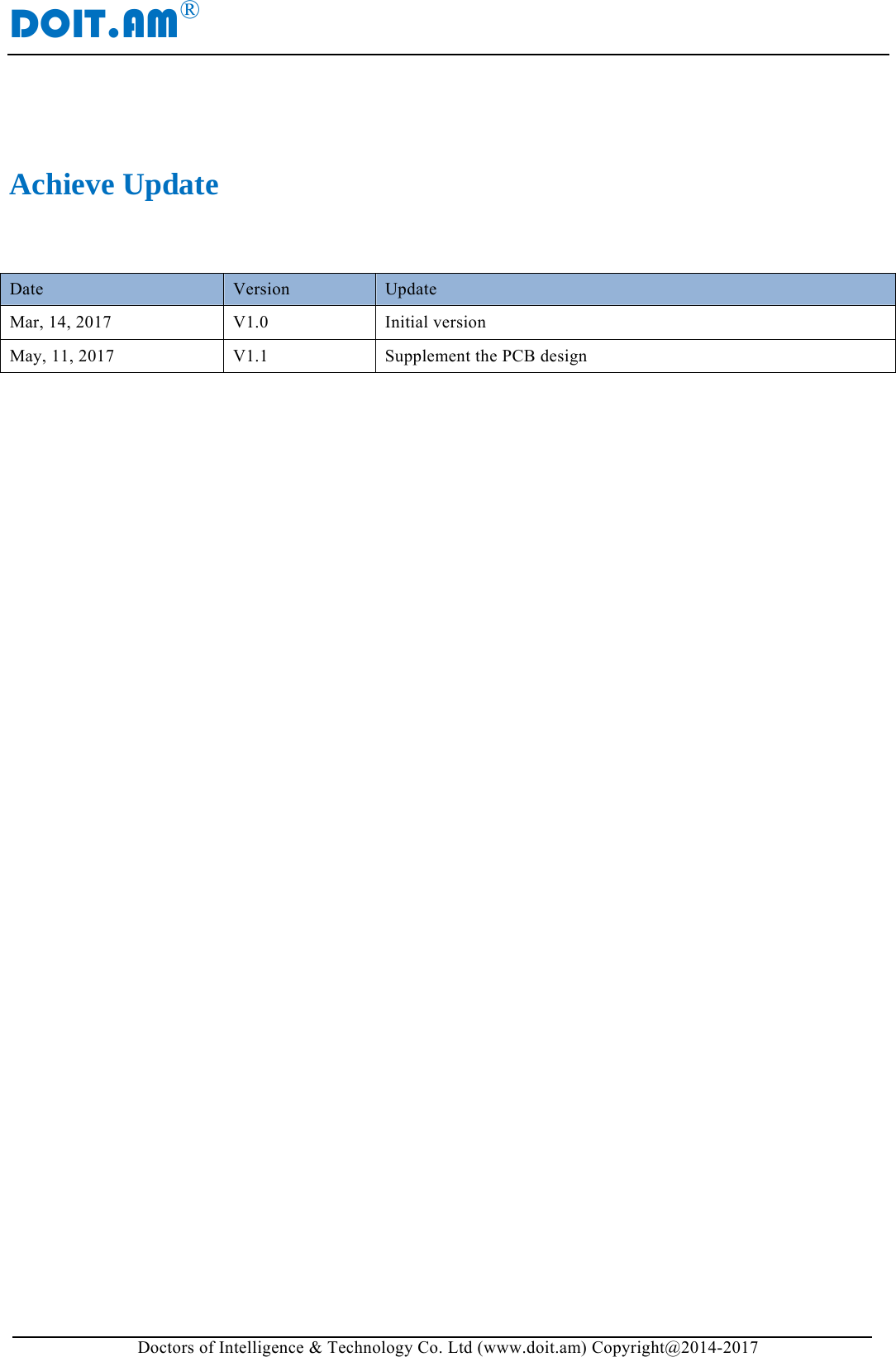 DOIT.AM&reg; Doctors of Intelligence &amp; Technology Co. Ltd (www.doit.am) Copyright@2014-2017  Achieve Update   Date  Version  Update Mar, 14, 2017  V1.0  Initial version May, 11, 2017  V1.1  Supplement the PCB design           