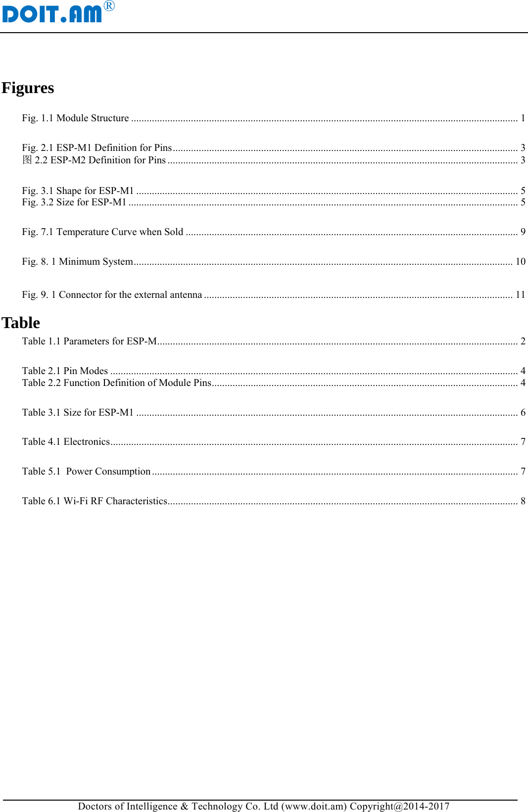 DOIT.AM&reg; Doctors of Intelligence &amp; Technology Co. Ltd (www.doit.am) Copyright@2014-2017 Figures  Fig. 1.1 Module Structure ..................................................................................................................................................... 1 Fig. 2.1 ESP-M1 Definition for Pins ..................................................................................................................................... 3图2.2 ESP-M2 Definition for Pins ....................................................................................................................................... 3 Fig. 3.1 Shape for ESP-M1 ................................................................................................................................................... 5Fig. 3.2 Size for ESP-M1 ...................................................................................................................................................... 5 Fig. 7.1 Temperature Curve when Sold ................................................................................................................................ 9 Fig. 8. 1 Minimum System .................................................................................................................................................. 10 Fig. 9. 1 Connector for the external antenna ....................................................................................................................... 11Table Table 1.1 Parameters for ESP-M ........................................................................................................................................... 2 Table 2.1 Pin Modes ............................................................................................................................................................. 4Table 2.2 Function Definition of Module Pins ...................................................................................................................... 4 Table 3.1 Size for ESP-M1 ................................................................................................................................................... 6 Table 4.1 Electronics ............................................................................................................................................................. 7 Table 5.1  Power Consumption ............................................................................................................................................. 7 Table 6.1 Wi-Fi RF Characteristics ....................................................................................................................................... 8     